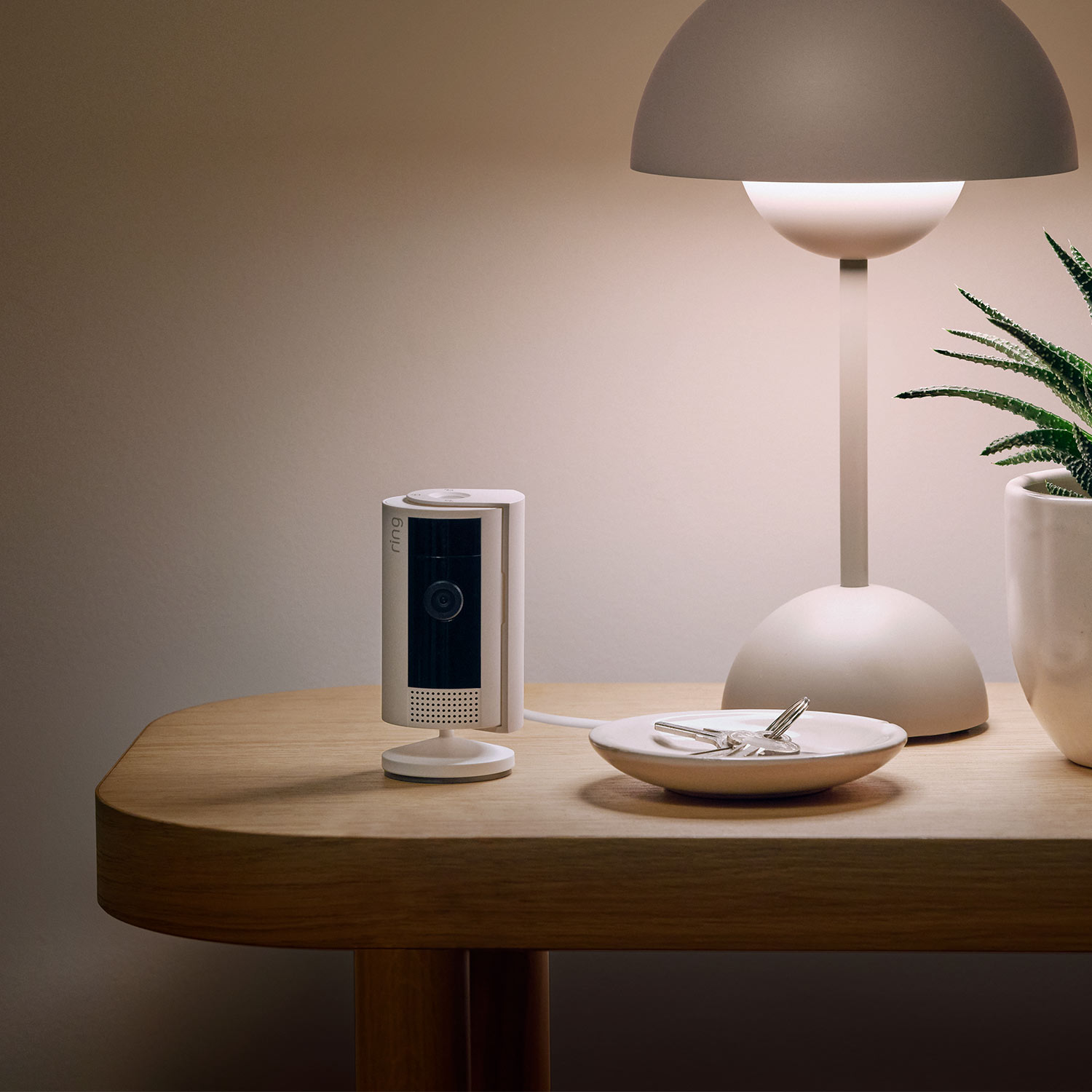 Pet Basic Kit (Indoor Cam (2nd gen) + Pet Tag) - Ring Indoor Cam 2nd Gen on a wooden side table next to a lamp, plant, and a dishing holding keys in a softly lit room.