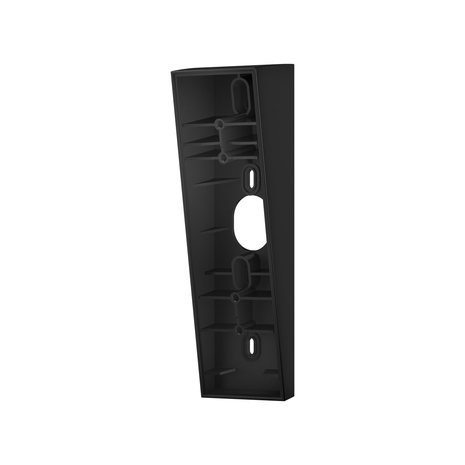 Wedge Kit - Black angled doorbell wedge mount with interior screw slots and cable opening, shown isolated on a white background.