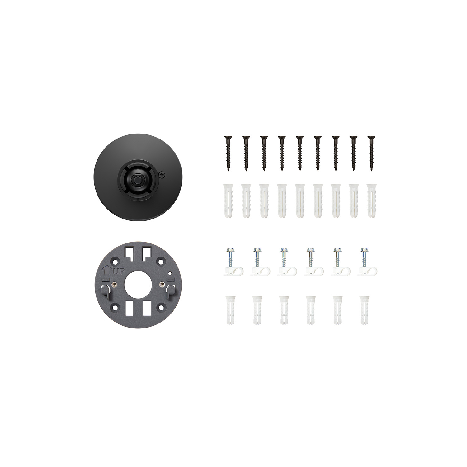 Spare Parts Kit (for Spotlight Cam, Plug-In (Newest Model)) - Black camera mount and grey mounting plate, screws, wall anchors, and cable clips arranged neatly on a white background.