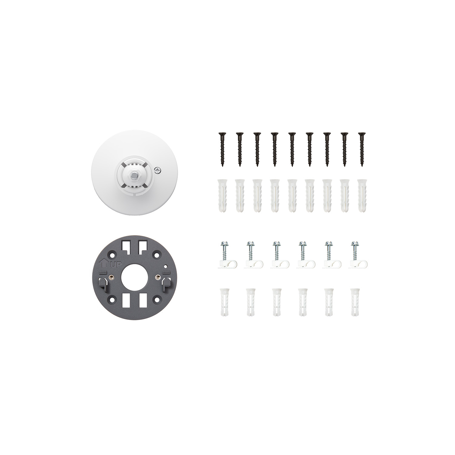 Spare Parts Kit (for Spotlight Cam, Plug-In (Newest Model)) - White camera mount and grey mounting plate, screws, wall anchors, and cable clips arranged neatly on a white background.
