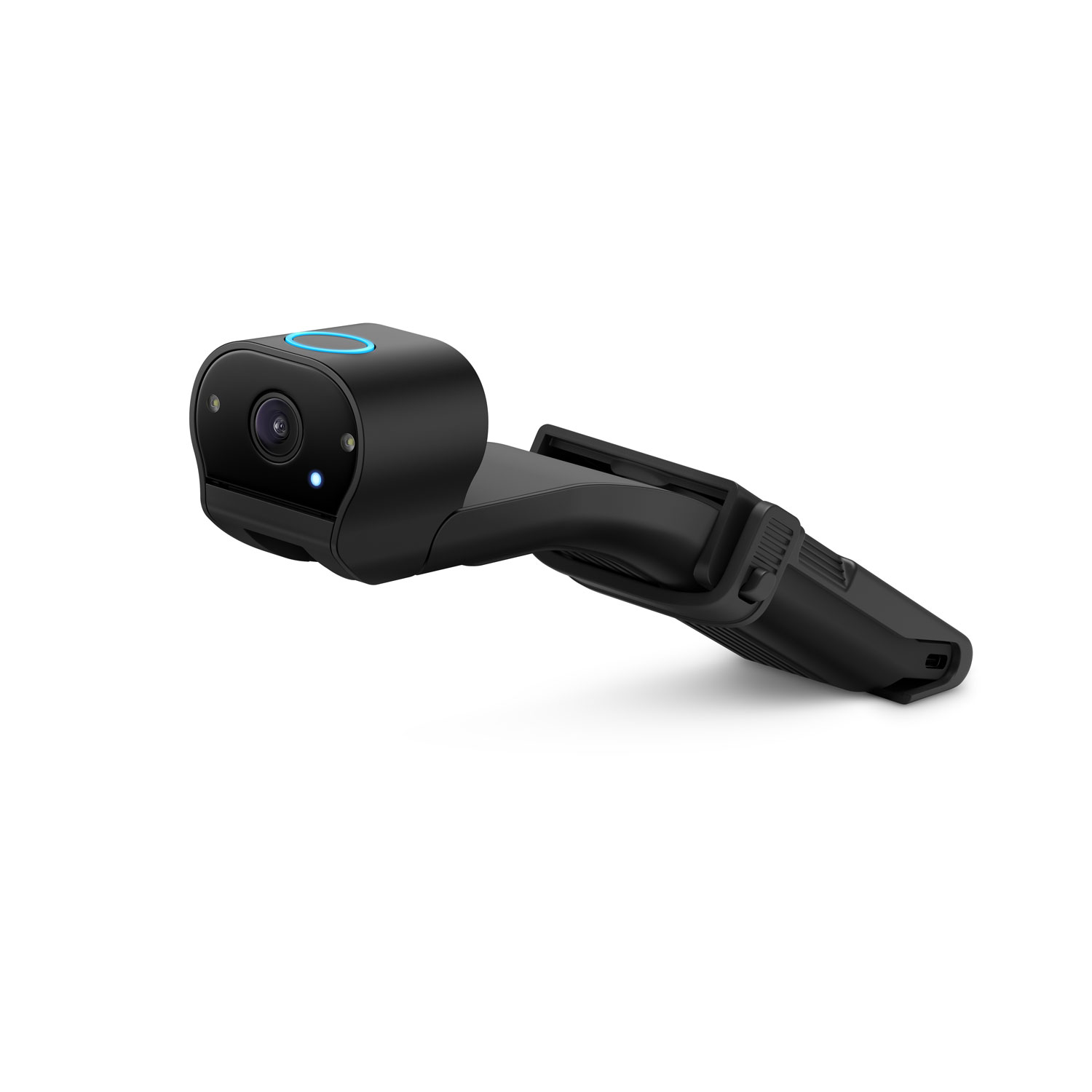 Ring Car Cam Holder - Black Ring Car Cam Holder, featuring a front-facing lens, LED light, and adjustable clip for easy installation.