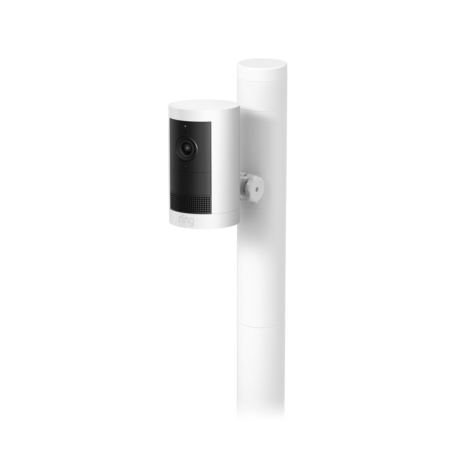 Stake Mount (for For Cameras and Solar Panels) - White Stake Mount with attached Ring security camera, showing adjustable mounting arm for outdoor, no-drill placement.
