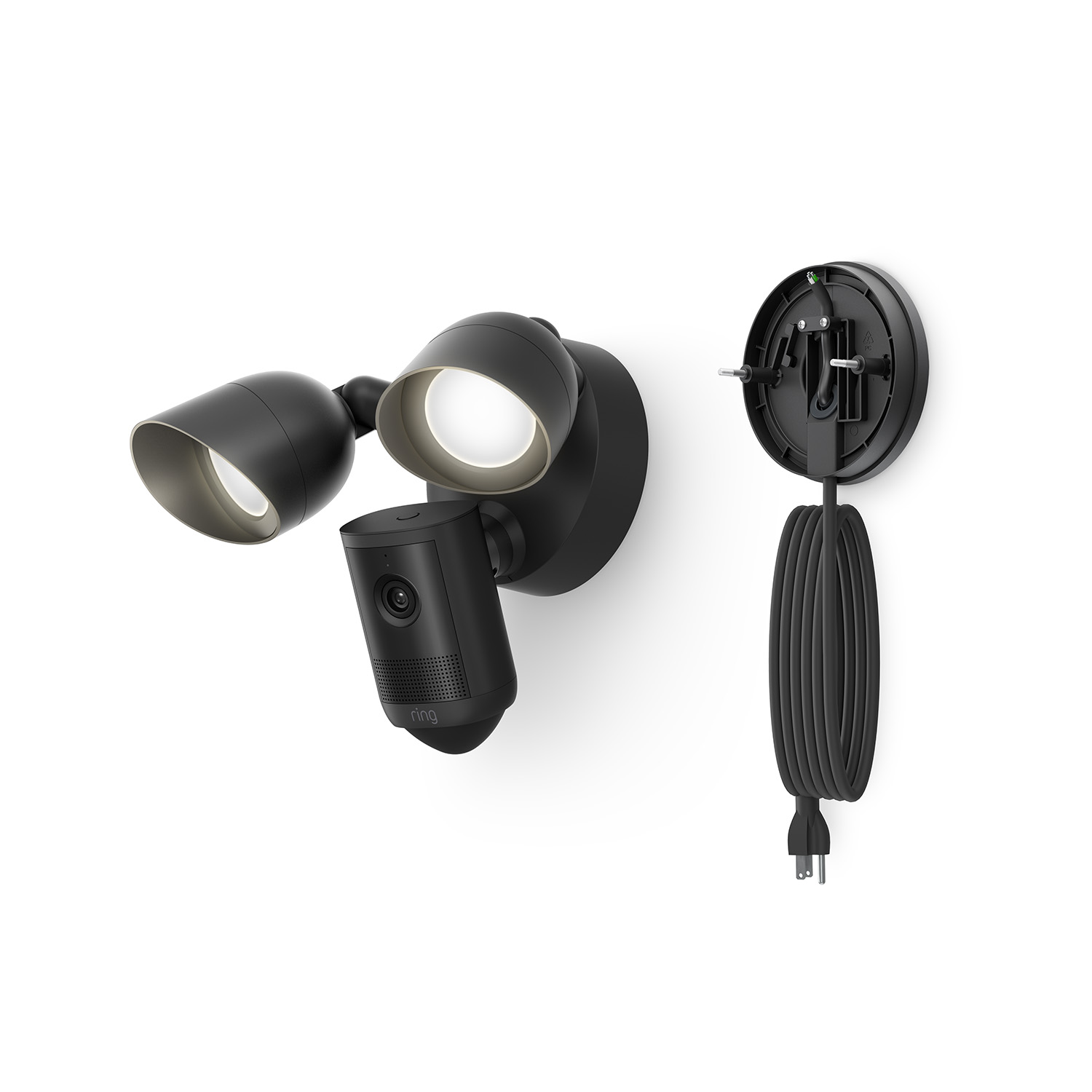 Plug-In Mount for Cameras (Floodlight Cam (2nd Gen))  - Black outdoor floodlight with integrated camera and speaker, shown with two adjustable LED heads and a coiled power cord on a mount.