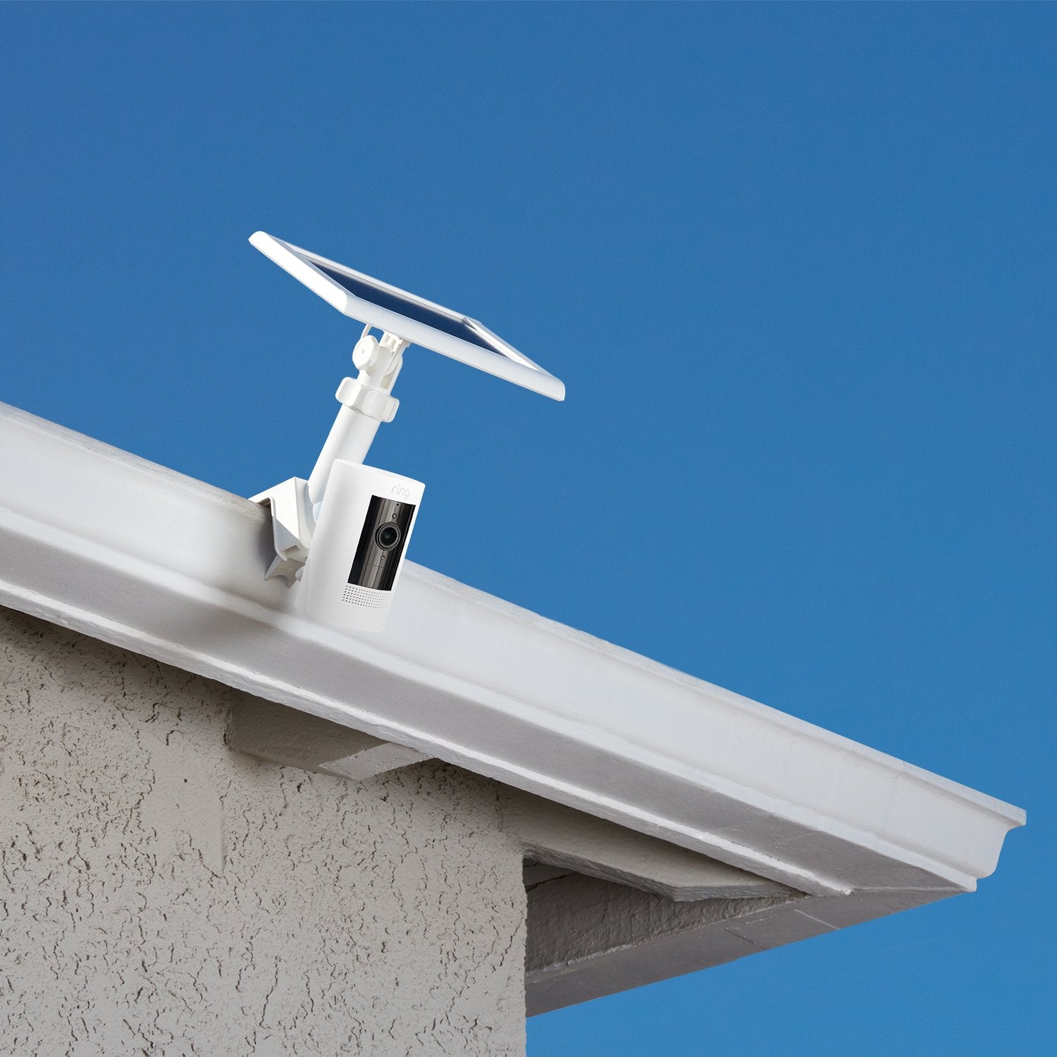 Gutter Mount for Solar Panels and Cameras - Ring camera and solar panel mounted to a white gutter using the Ring Gutter Mount.