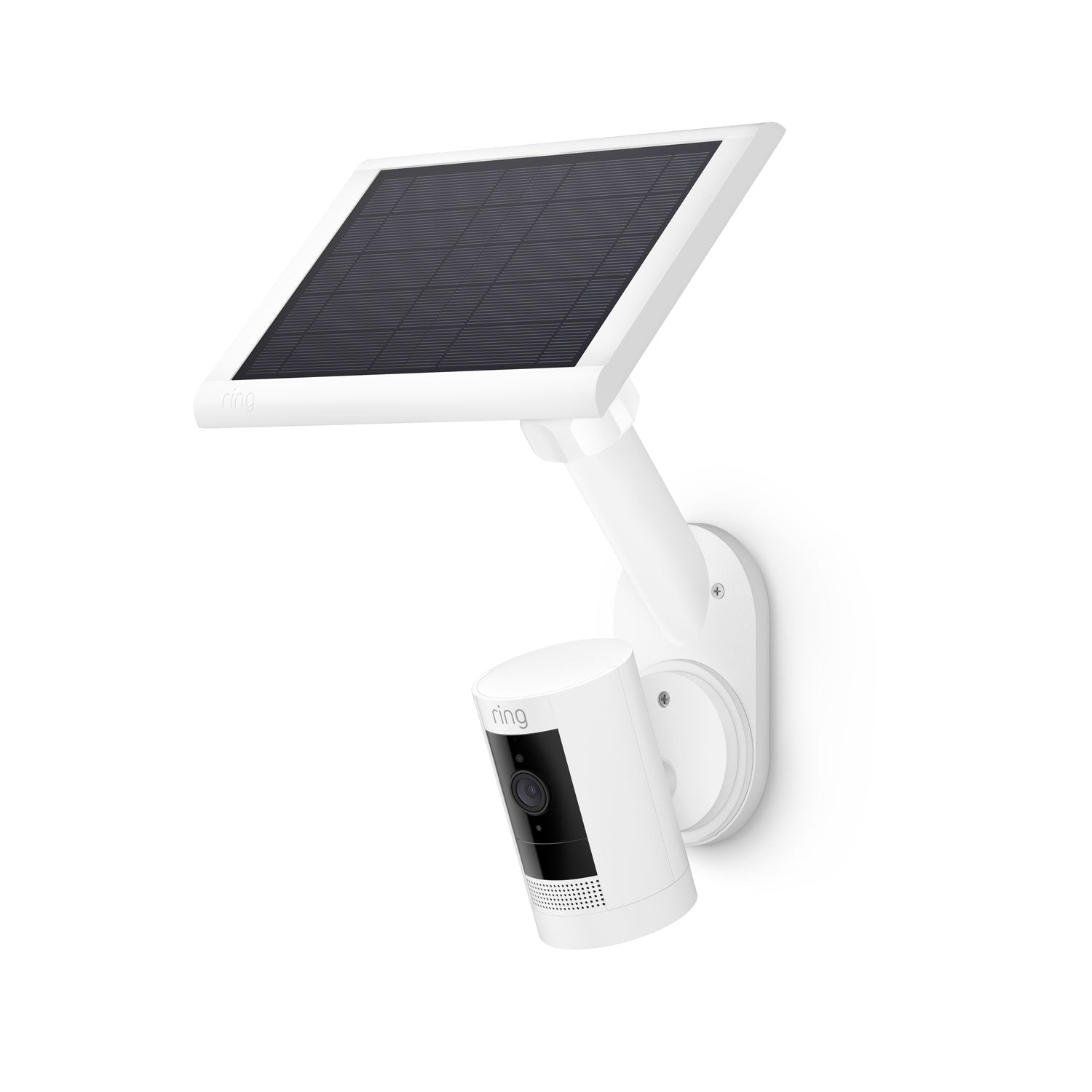Wall Mount for Solar Panels and Cameras - White Wall Mount for Solar Panels and Cameras with adjustable arm with White Ring Solar Panel and camera attached below.
