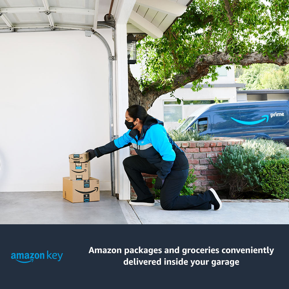 Chamberlain® Next-Gen Wi-Fi® Garage Door Opener (for Works with Ring) - Amazon driver places packages inside an open garage. Bottom text promotes Amazon Key in-garage delivery service.
