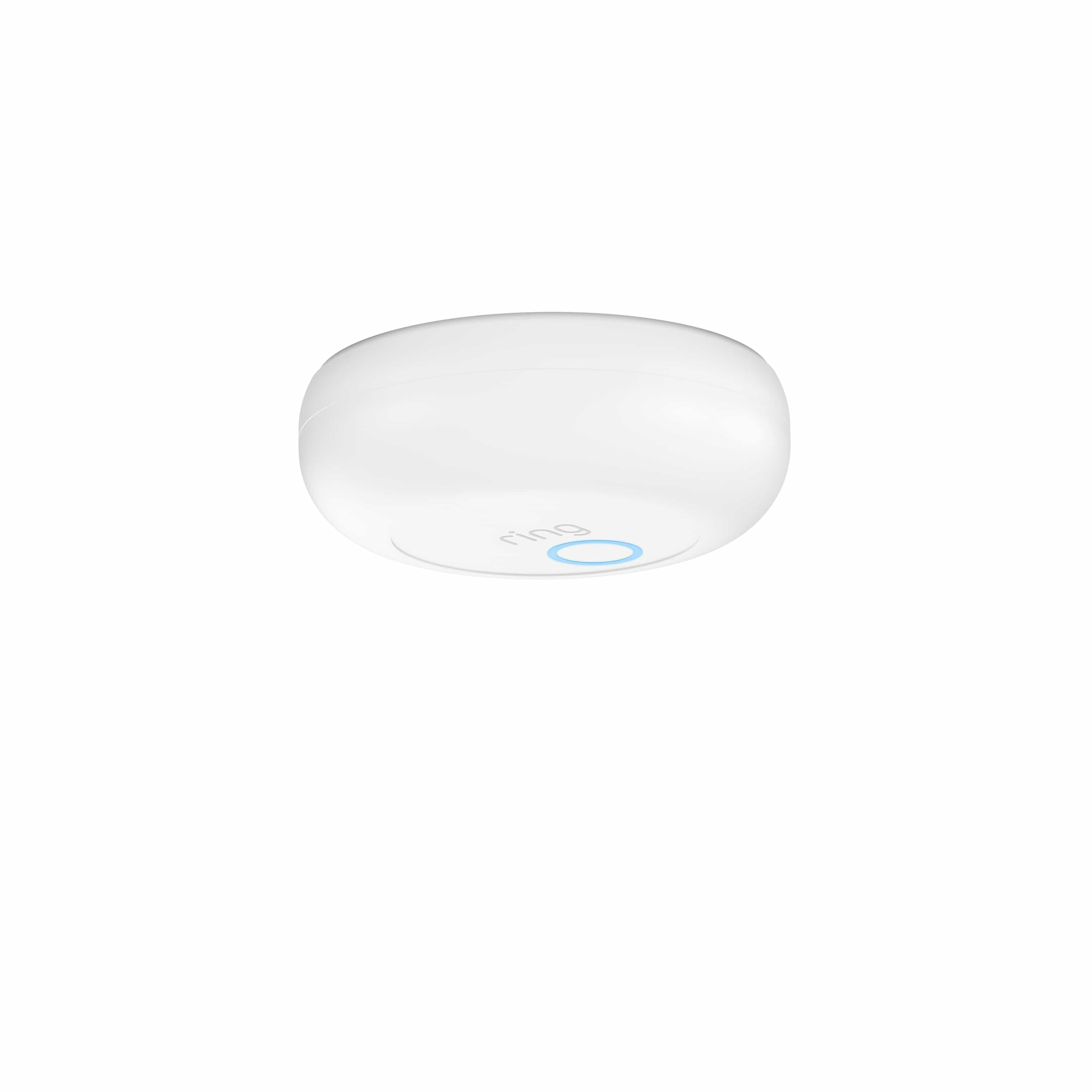 Alarm Smoke and CO Listener - White Ring Alarm Smoke and CO Listener, with blue-lit button mounted on a ceiling.