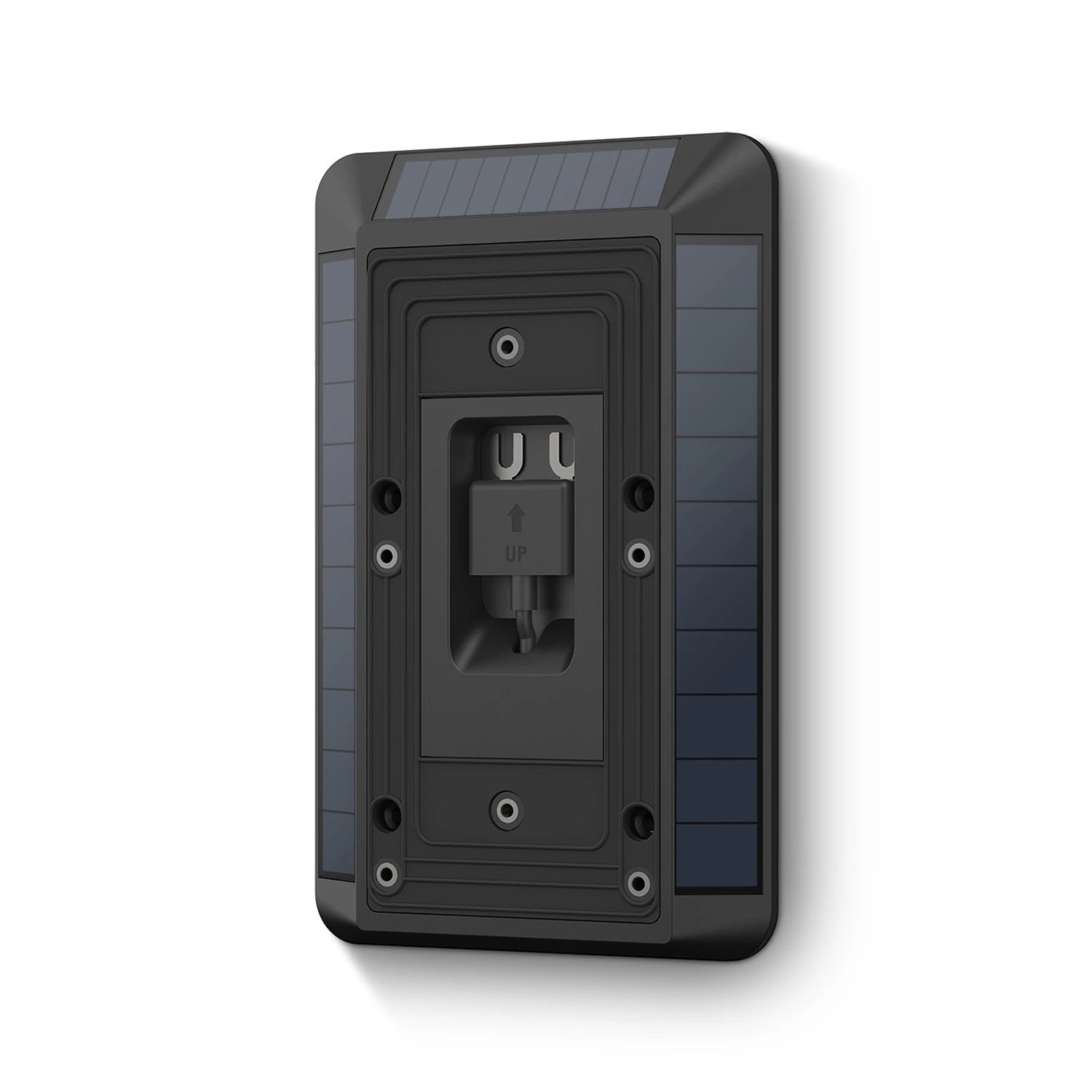 Solar Charger for Battery Doorbells (Video Doorbell 3, Video Doorbell 3 Plus, Video Doorbell 4, Battery Doorbell Plus, Battery Doorbell Pro) - Front view of Ring Solar Charger for Battery Doorbells, showing USB-C connector and mounting bracket.