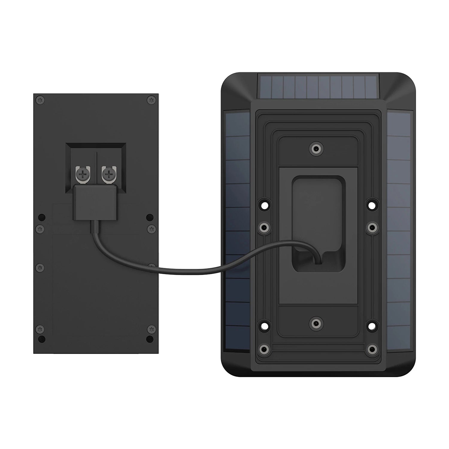 Solar Charger for Battery Doorbells (Video Doorbell 3, Video Doorbell 3 Plus, Video Doorbell 4, Battery Doorbell Plus, Battery Doorbell Pro) - Connected Ring Solar Charger for Battery Doorbell Plus showing wiring and mounting bracket and built-in solar panels.