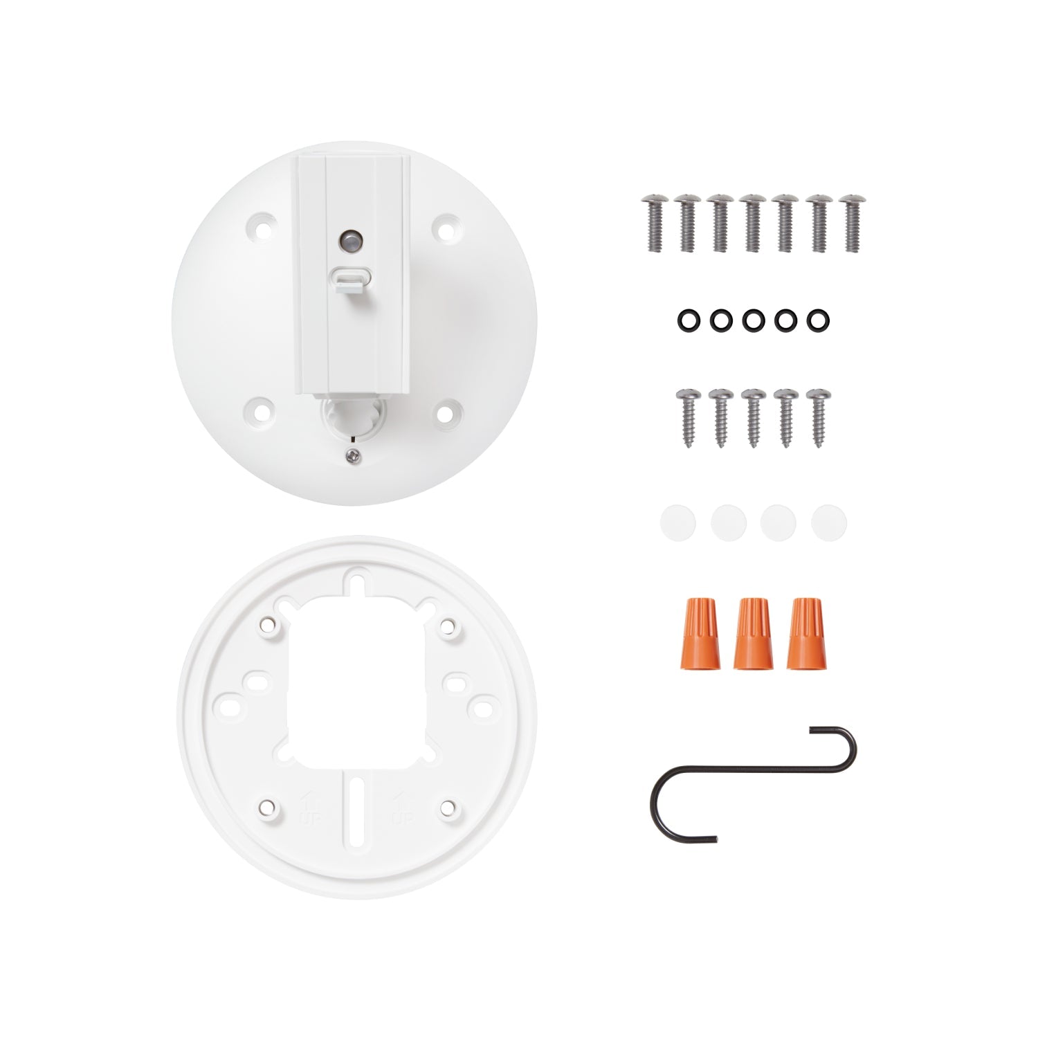 Hardwired Kit for Cameras (Outdoor Cam Plus, Spotlight Cam Plus, Spotlight Cam Pro) - Ring Hardwired Kit with white adapter plate, mounting bracket, screws, wire connectors, and hook.
