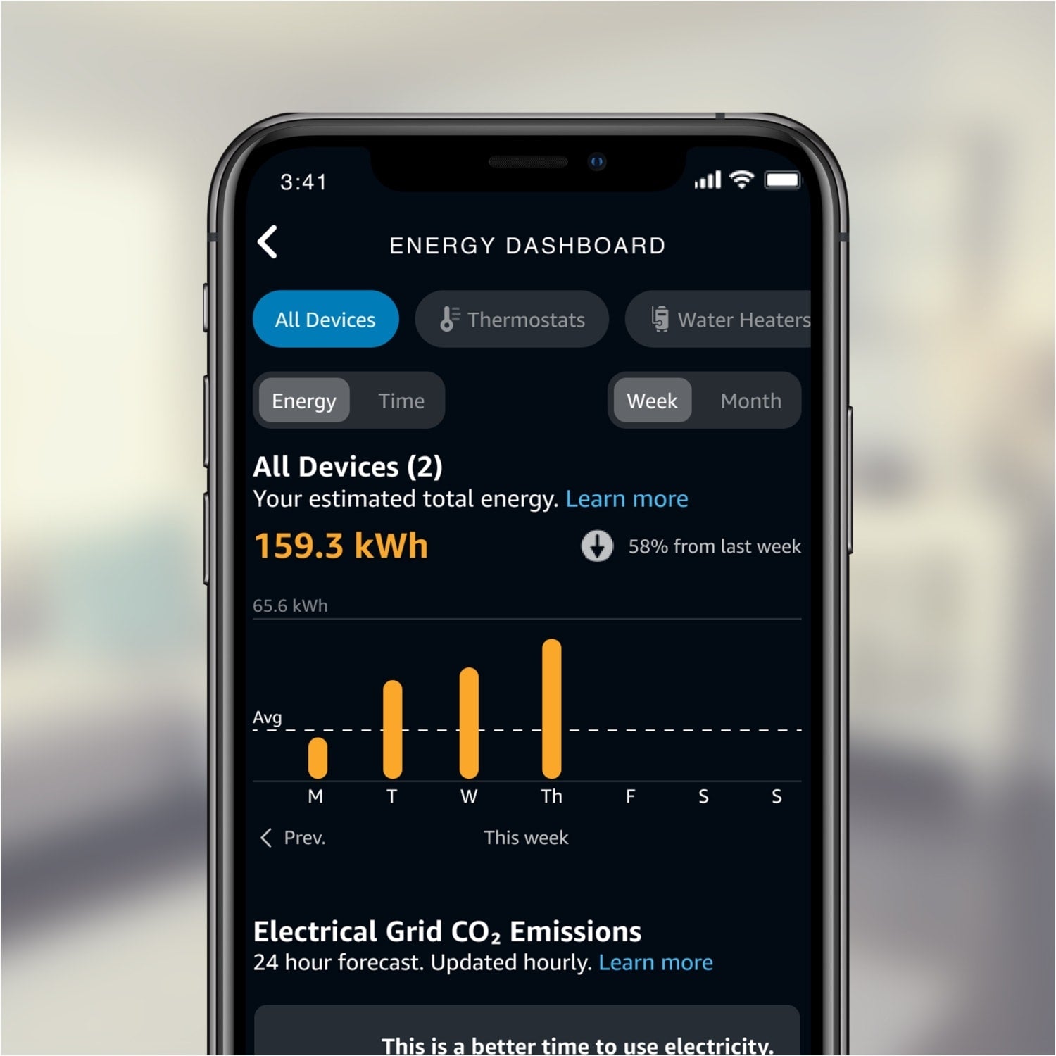 Amazon Smart Thermostat - Close up of smartphone displaying Alexa Energy Dashboard displaying weekly energy use and total energy consumption.