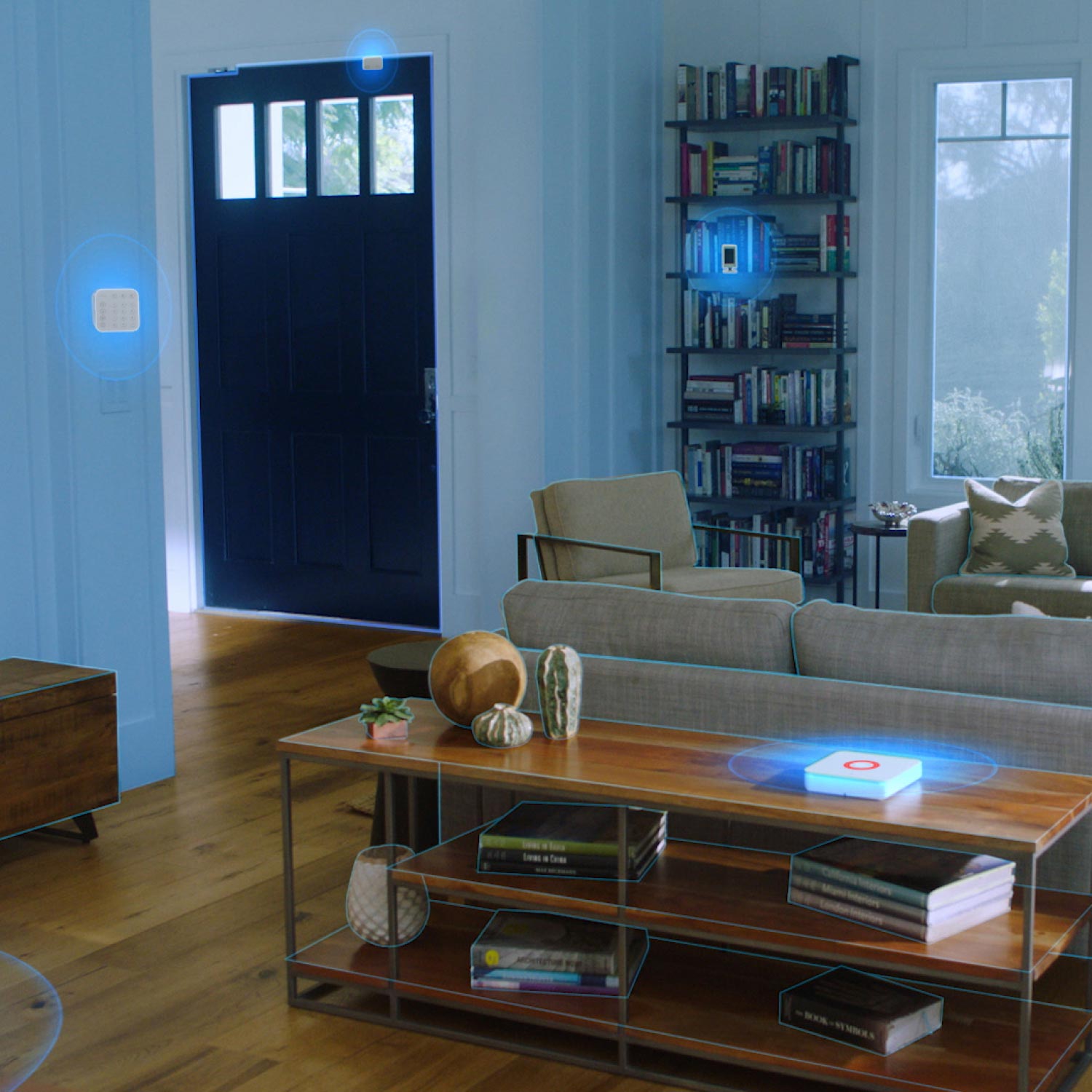 Whole Home Enhanced Kit (Battery Doorbell Plus + Spotlight Cam Plus Battery + Alarm Security Kit, 8-Piece) - Living room with Ring Alarm 8-piece Whole Home Enhanced Kit devices highlighted, showing connectivity and coverage.