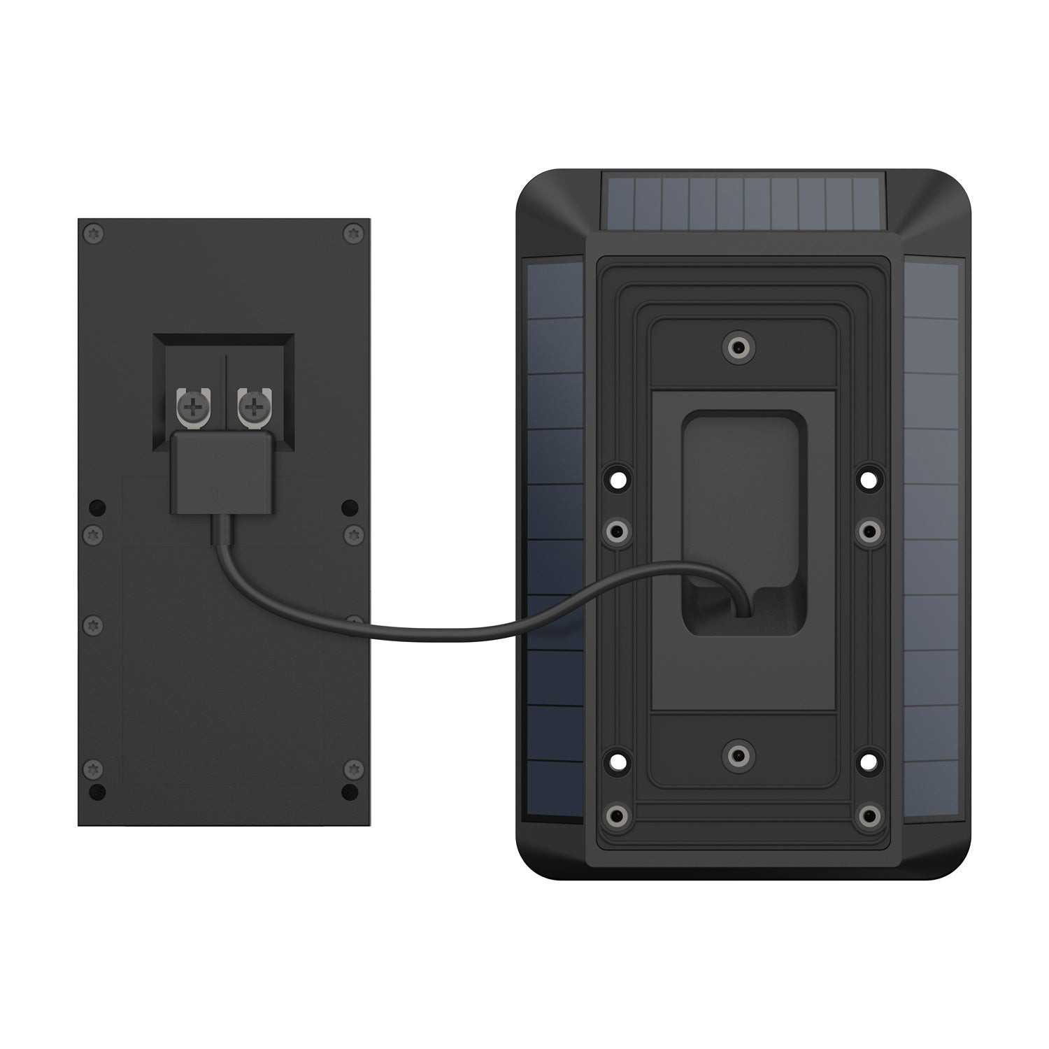 Battery Doorbell Plus + Solar Charger for Battery Doorbells (2nd Generation) - Connected Ring Solar Charger for Battery Doorbell Plus showing wiring and mounting bracket and built-in solar panels.