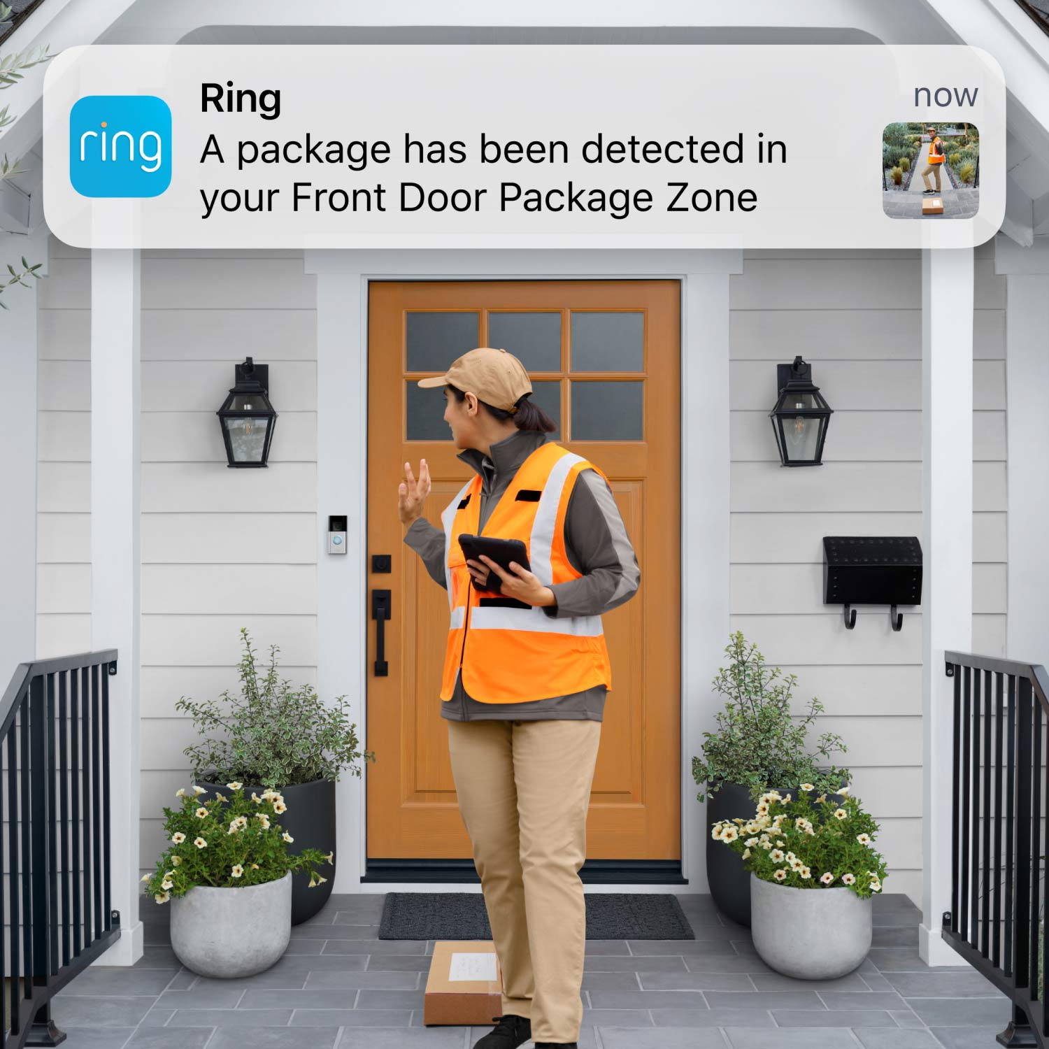Battery Doorbell Plus + Solar Charger for Battery Doorbells (2nd Generation) - Delivery driver by a front door with a package on the ground. Ring App alert shows package detected in Package Zone.