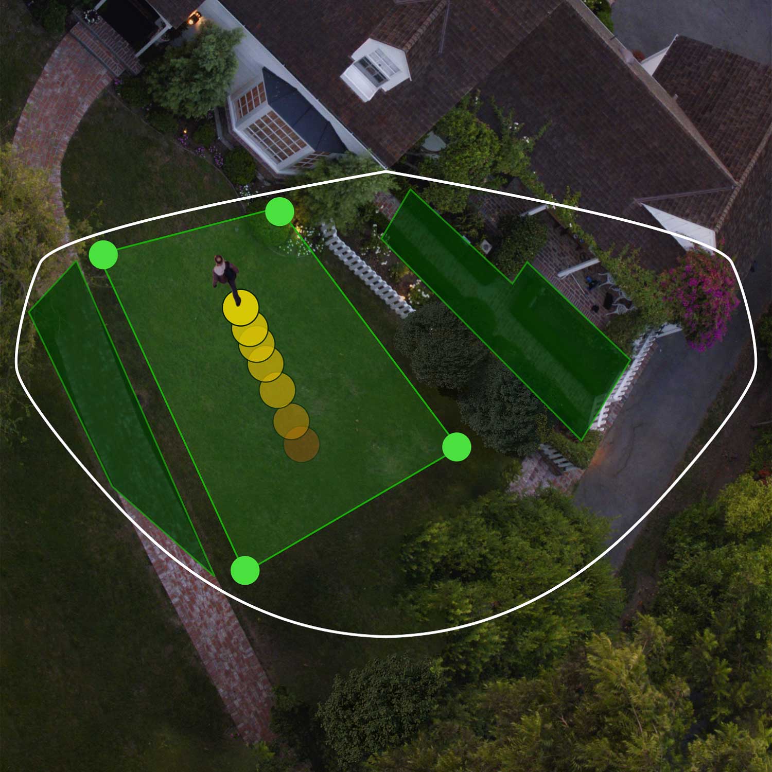Spotlight Cam Pro (Featuring Retinal 2K) - Battery: Ring Spotlight Cam Pro Bird's Eye View and 3D Motion Detection zones in green and path of person in yellow.