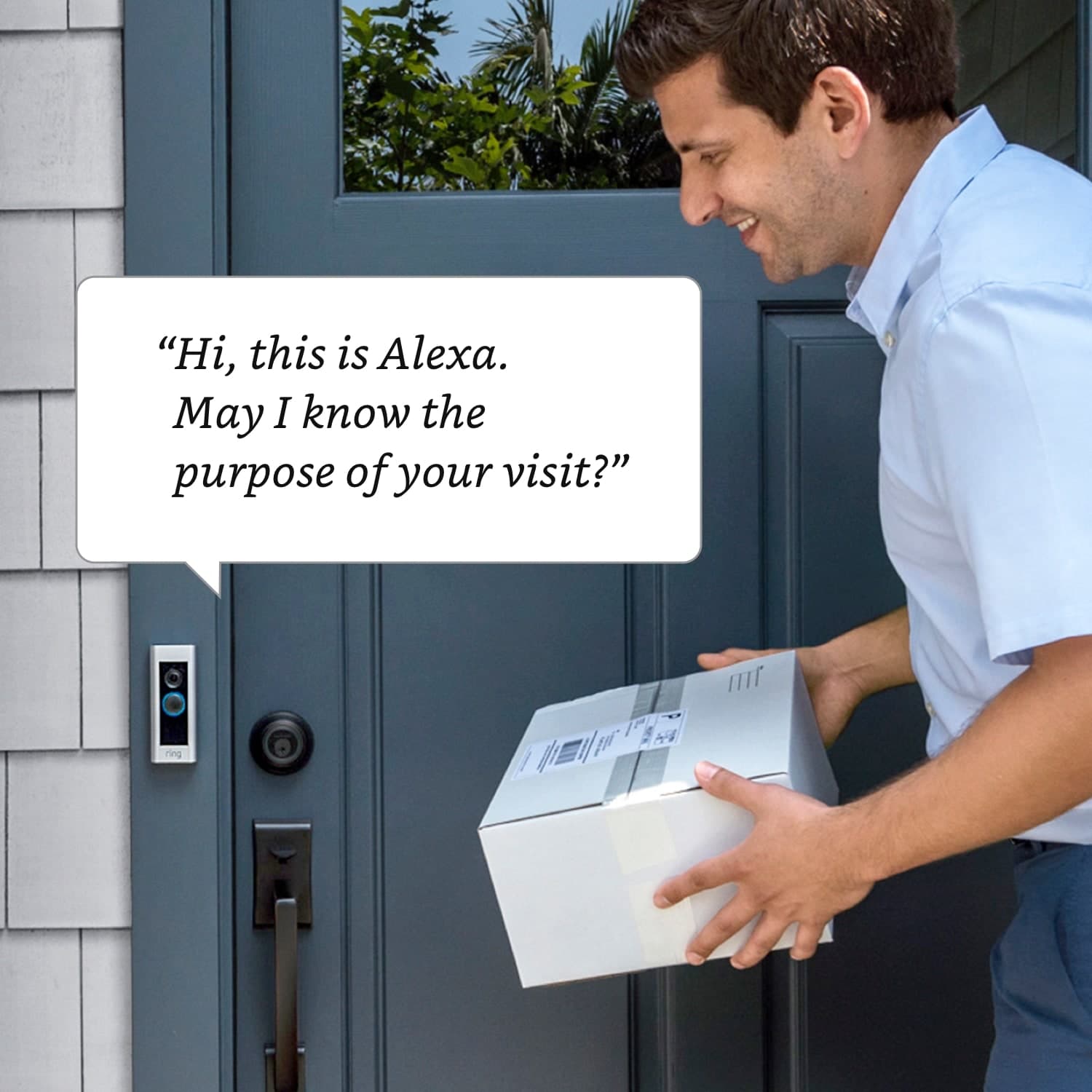 Wired Doorbell Plus (Video Doorbell Pro) (Certified Refurbished) - Smiling delivery person holding package as Ring doorbell with Alexa asks for purpose of visit at front door.