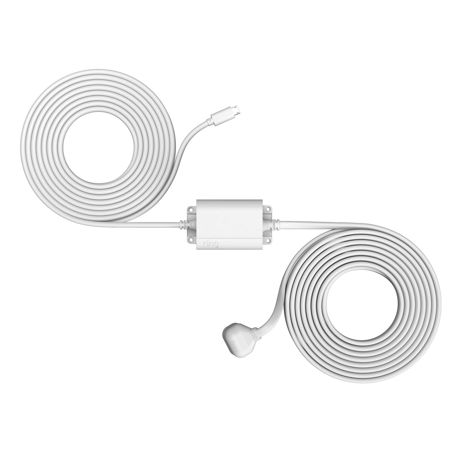 Indoor/Outdoor Power Adapter (Micro USB) (for Stick Up Cam Wired, Stick Up Cam Elite) - Coiled white Ring Indoor/Outdoor Power Adapter with Micro USB plug and weather-resistant housing.