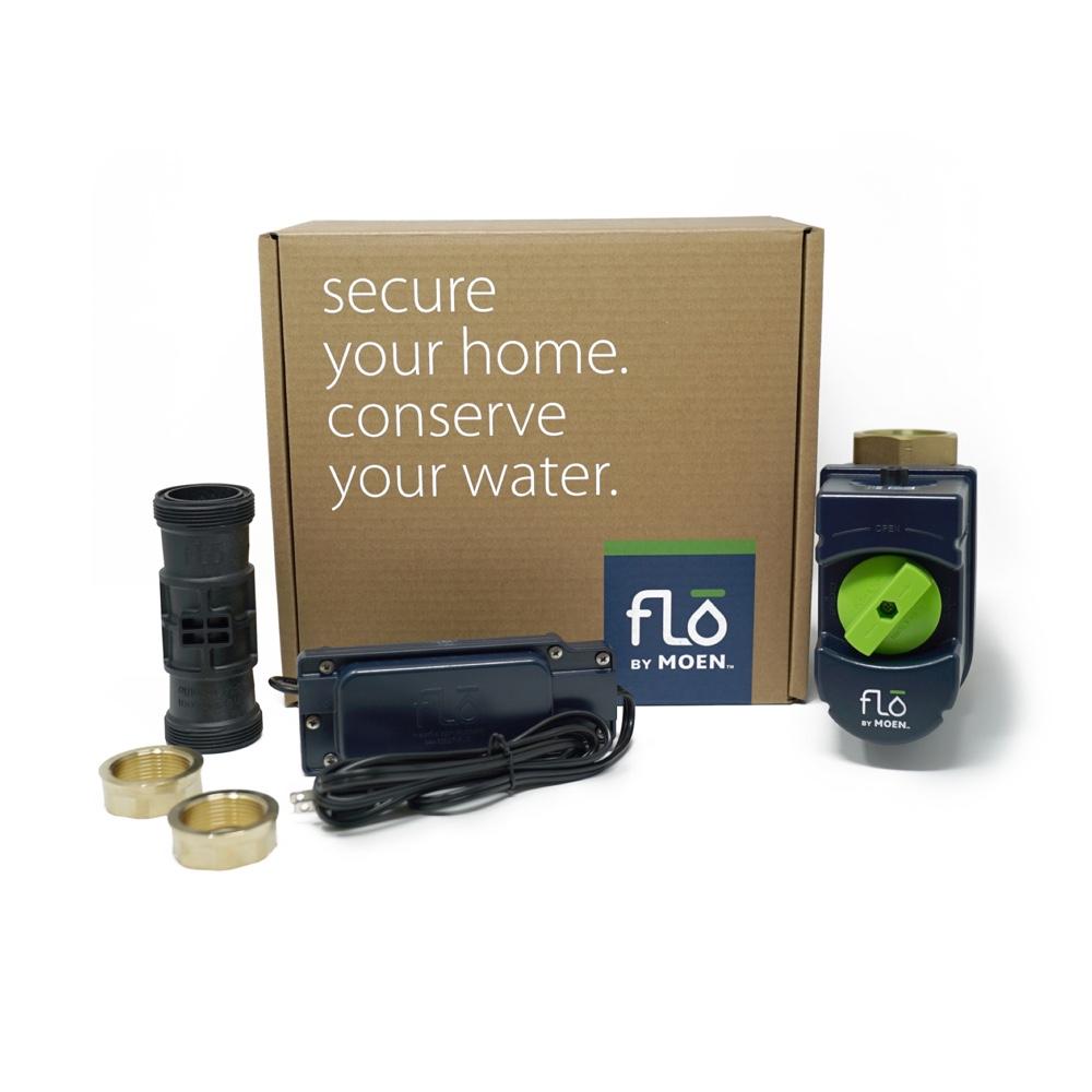 Flo by Moen 1-1/4-Inch Smart Water Shutoff (for Works with Ring) - Flo by Moen Smart Water Shutoff kit with valve, adapters, cables, and box labeled 'Secure your home. Conserve your water.'