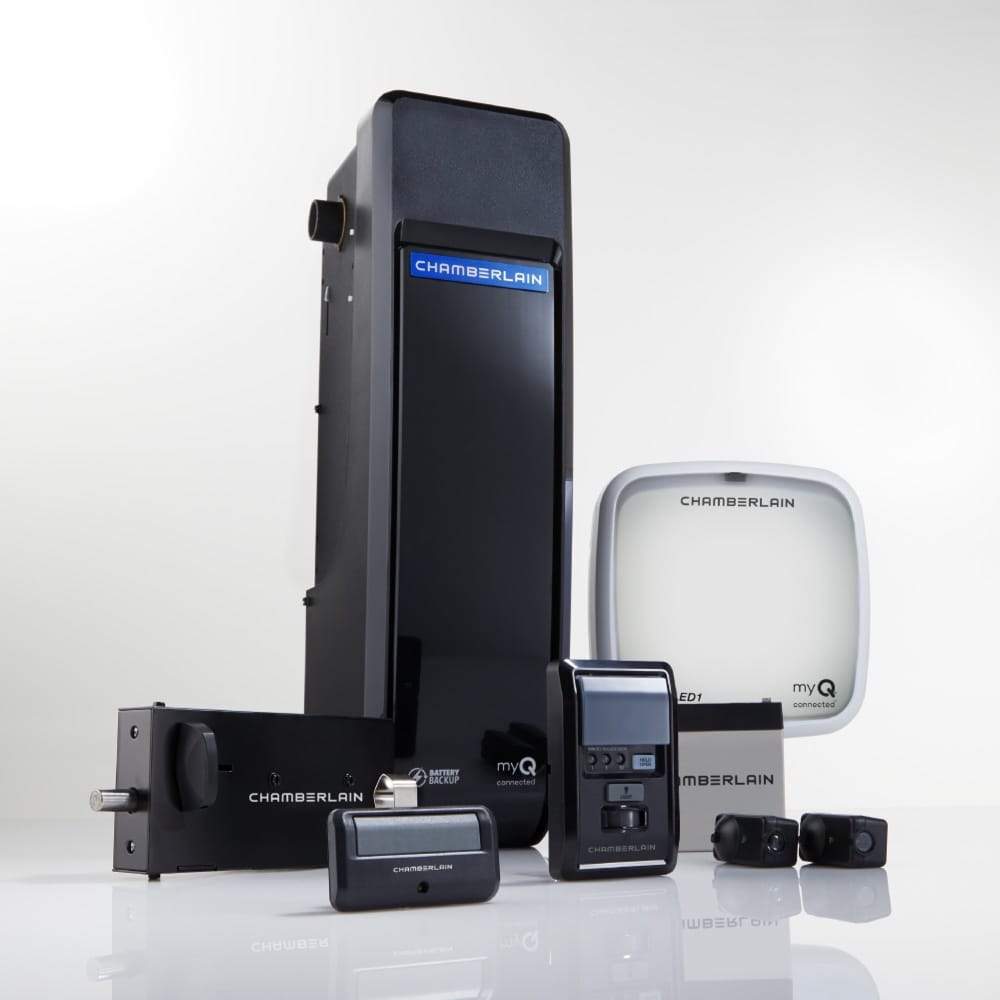 Chamberlain® Next-Gen Wi-Fi® Garage Door Opener (for Works with Ring) - Chamberlain Next-Gen Wi-Fi Garage Door Opener with accessories, including remote, control panel, sensors, and LED light.