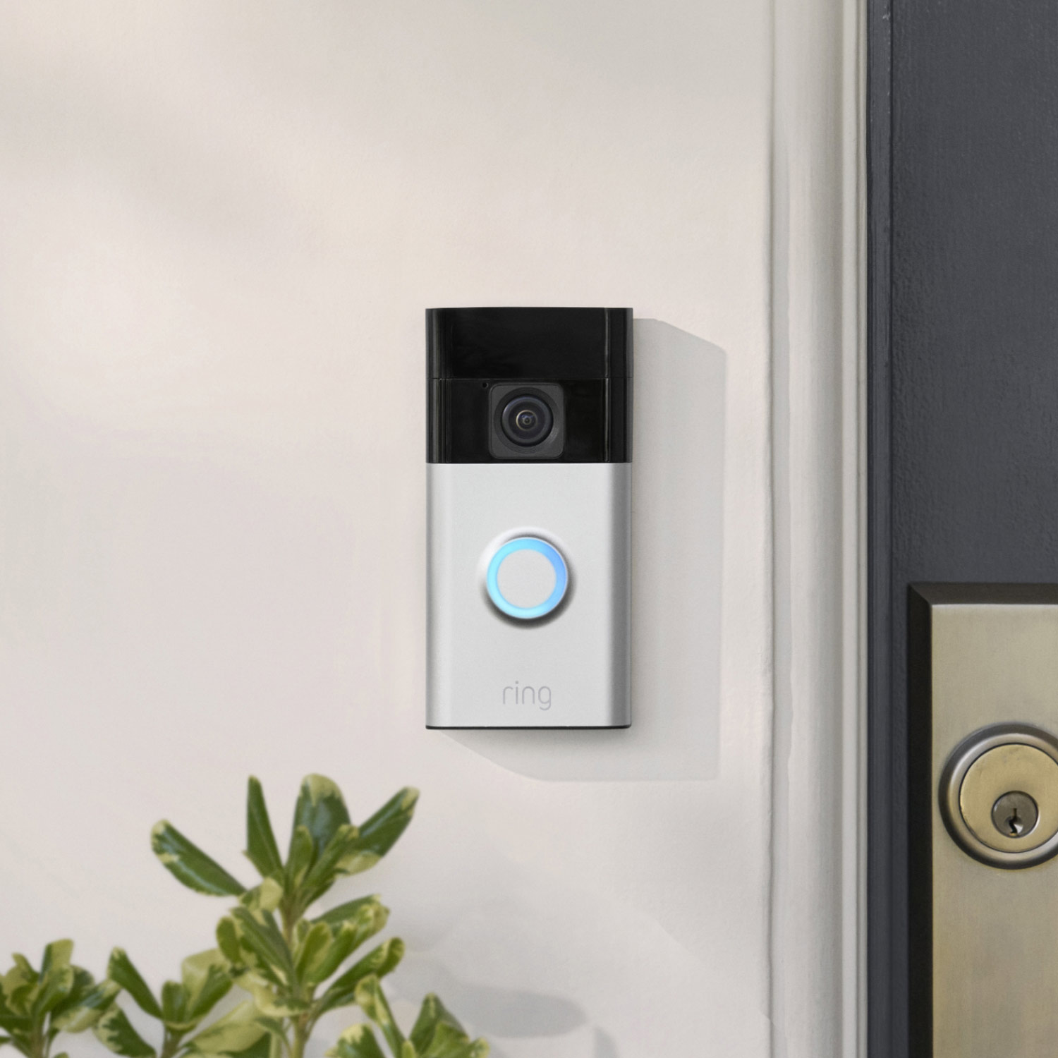 Bestselling Starter Kit (Outdoor Cam Plus Battery + Battery Doorbell) - Ring Battery Doorbell with satin nickel faceplate and an blue-lit button mounted next to a front door.