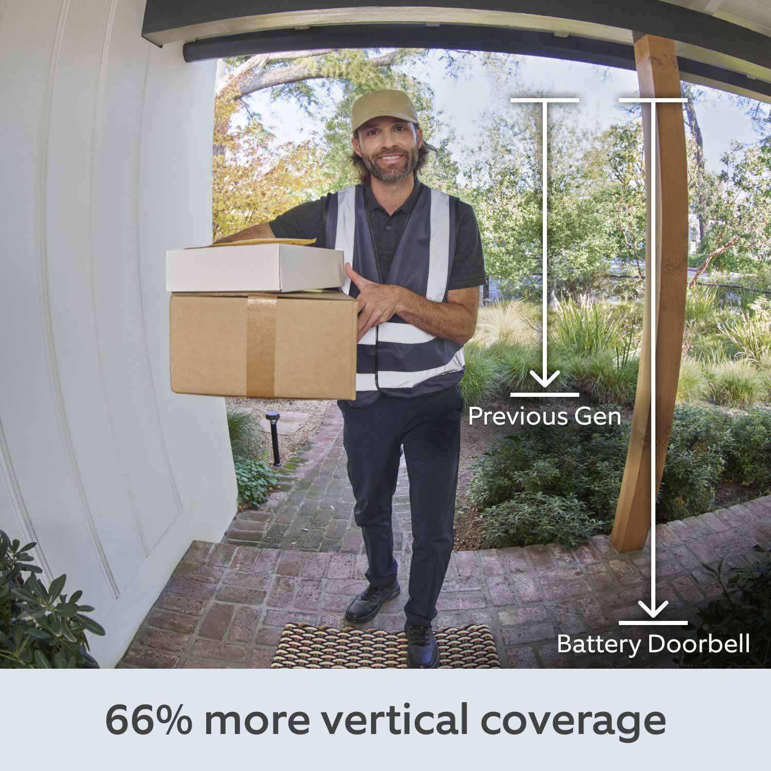 2-Pack Battery Doorbell - Delivery person holding packages, shown in Ring Battery Doorbell's wide view.
