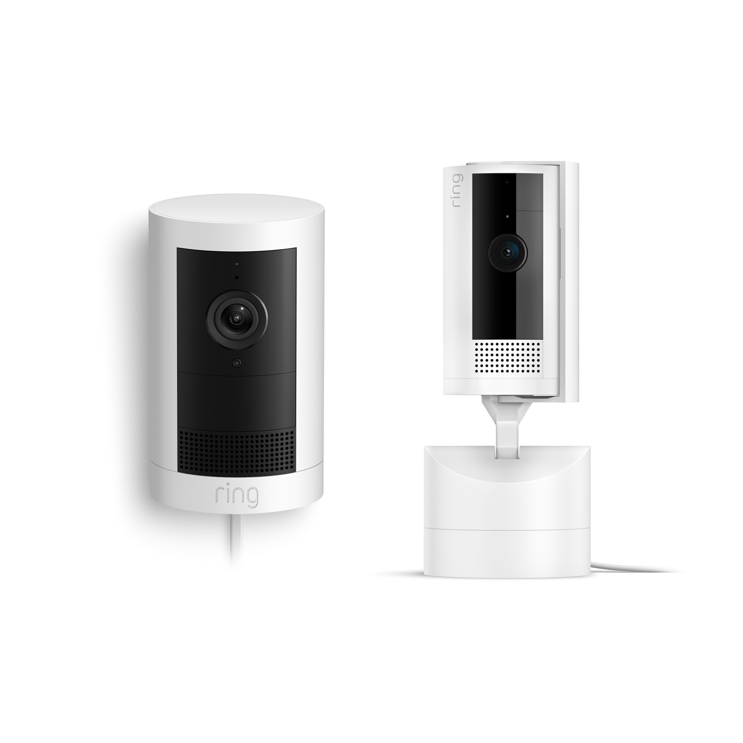 Retail Starter Kit (Plug-In) (Outdoor Cam Plus Plug-In + Pan-Tilt Indoor Cam) - White plug-in Outdoor Cam Plus and Pan-Tilt Indoor Cam on a white background.