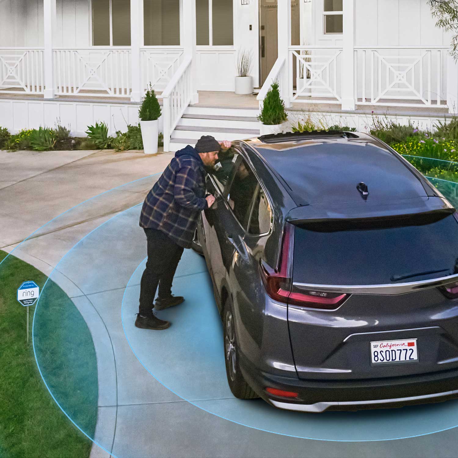Car Alarm - A burglar looks into the window of a parked car as a blue blanket visual senses him.