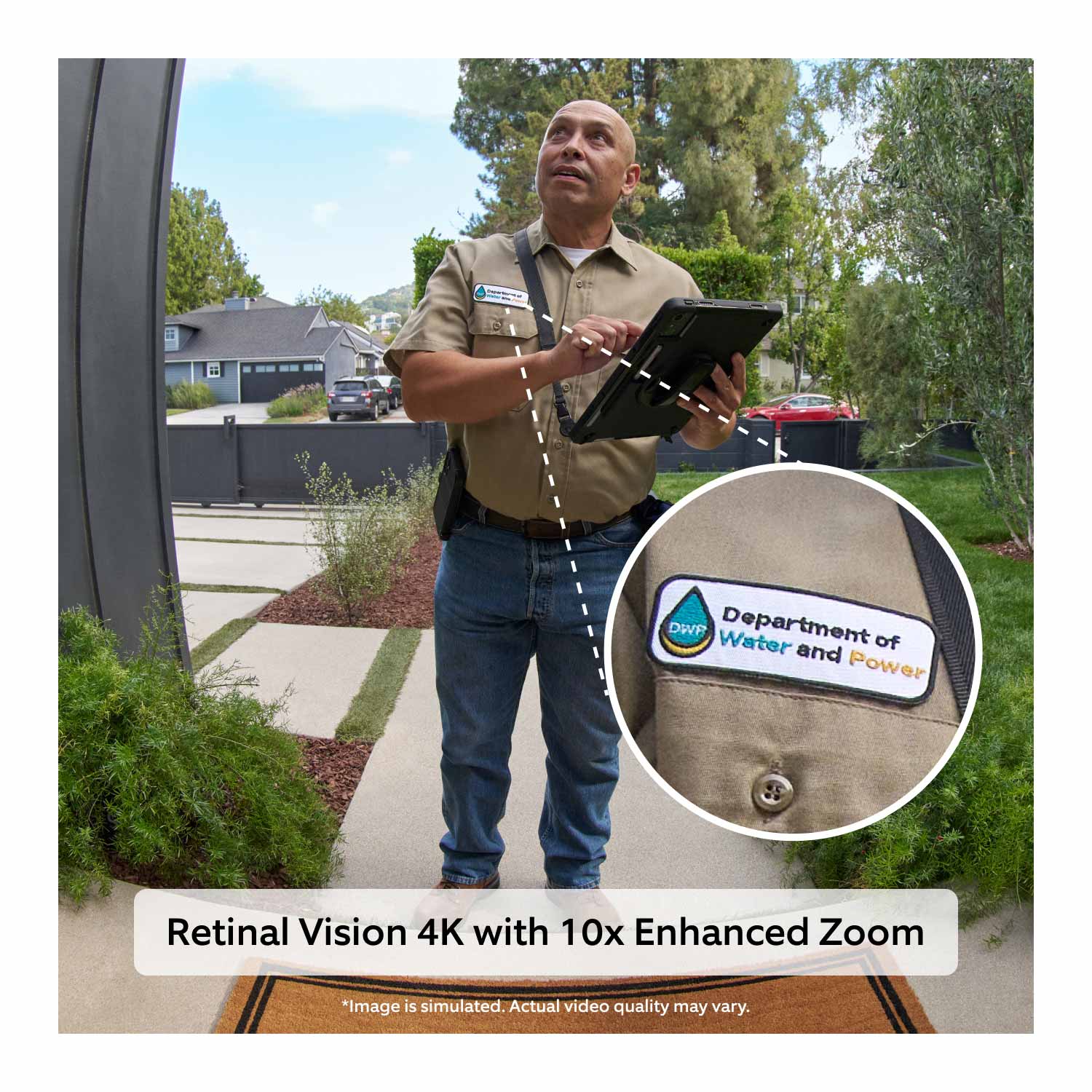 2-Pack Wired Doorbell Pro  (Newest Model) - A service professional in a tan uniform shirt and jeans holds a clipboard while standing on the walkway. The image includes a zoomed-in circular detail of their uniform patch, and text at the bottom reads 'Retinal 4K with 10X Enhanced Zoom.