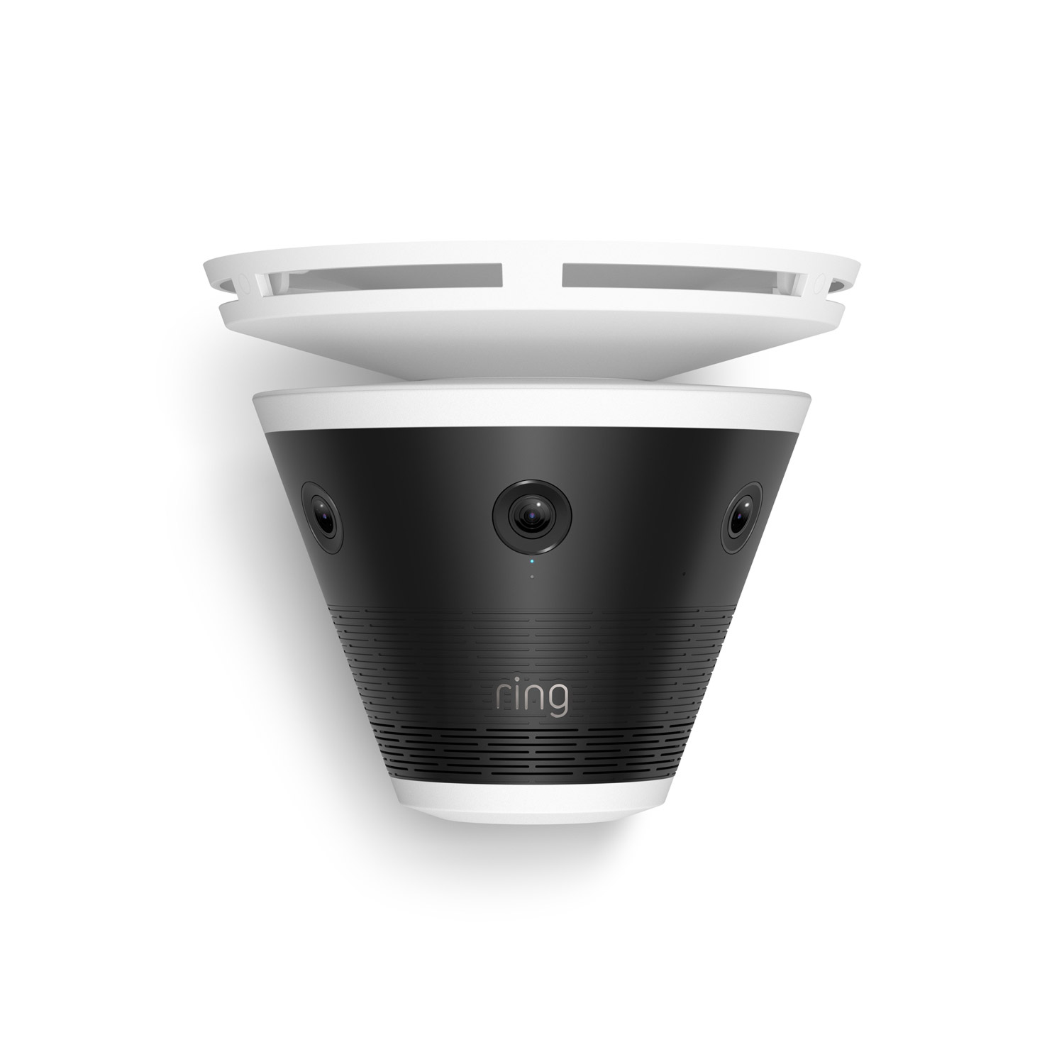 Ceiling-mounted Ring cone-shaped camera with multiple lenses, black and white body, isolated on a white background.