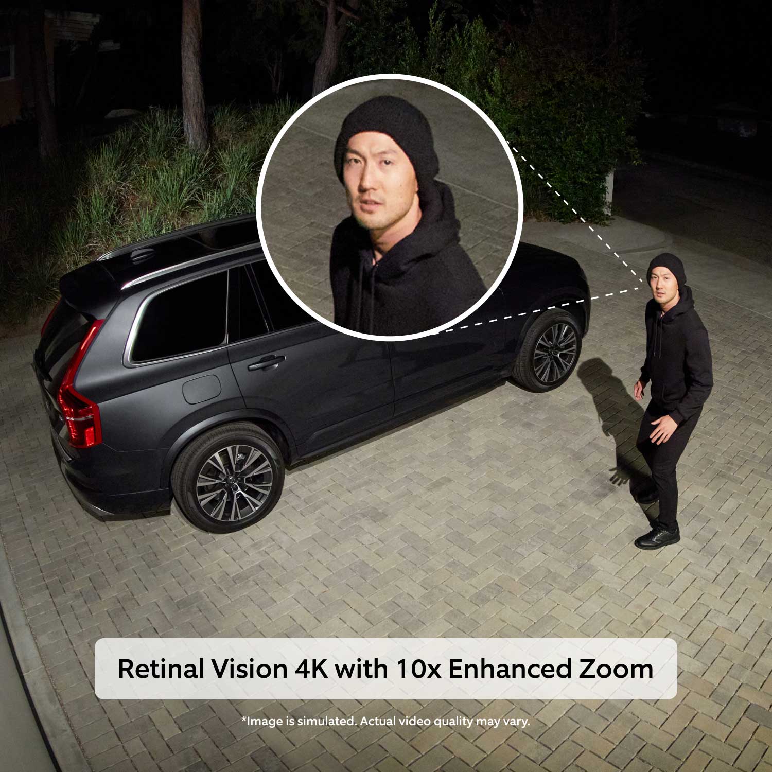 Floodlight Cam Pro (Newest Model) - Simulated image of man in black clothing next to a black car who is looking at the camera. Caption reads Retinal Vision 4K with 10X Enhanced Zoom.
