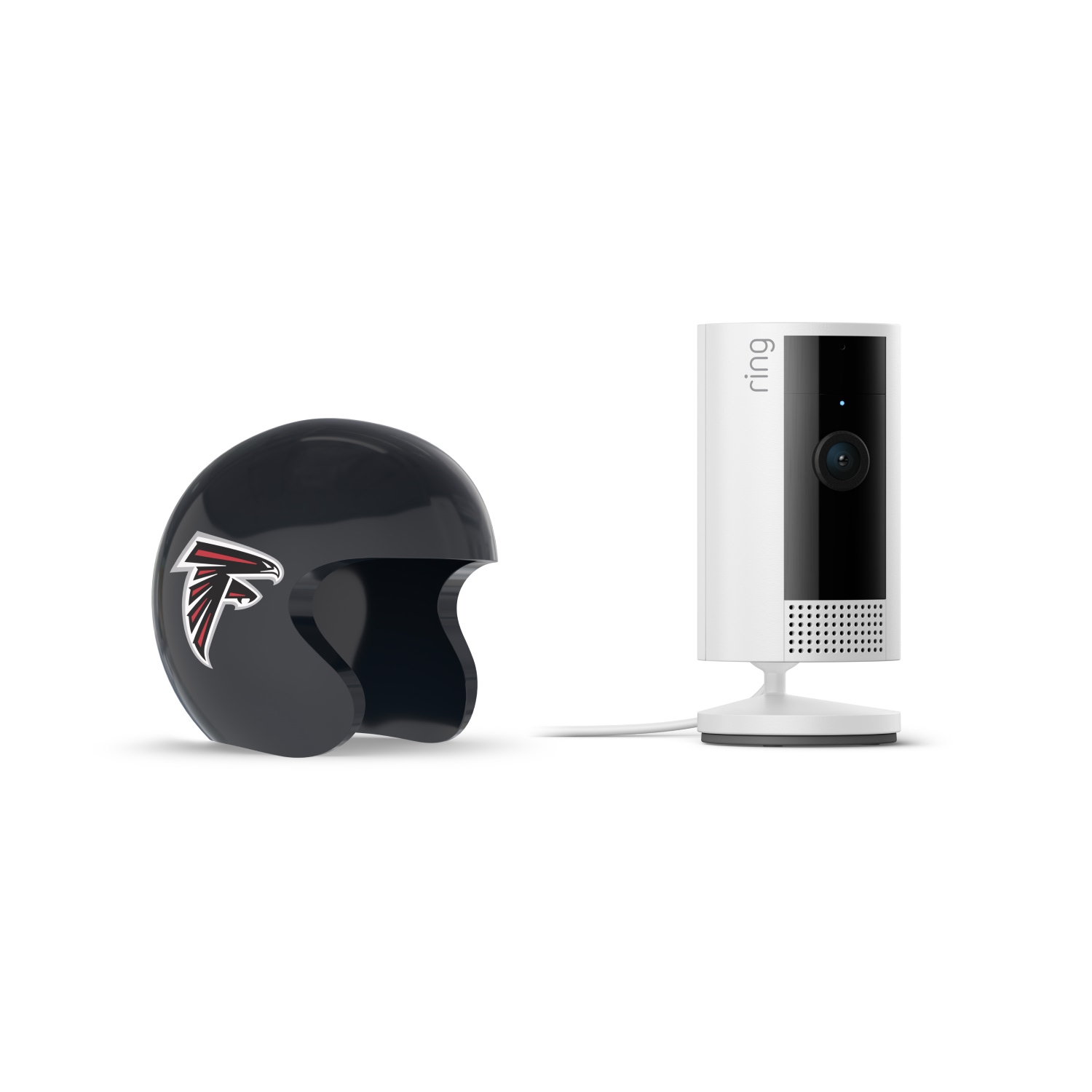 Indoor Cam, White + NFL Game Day Cam Cover — NFC - White Ring indoor camera on a stand next to a black mini football helmet with a red and white falcon logo, on a white background.