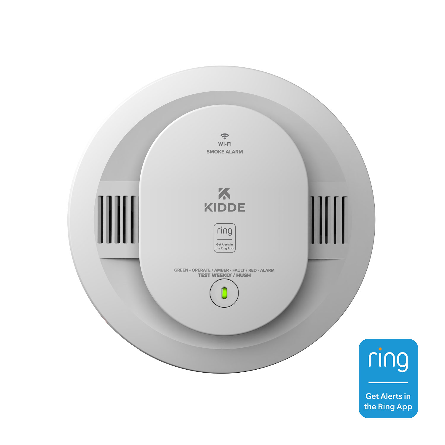 KIDDE Battery Smart Smoke Alarm  - White circular Kidde smoke alarm with Ring integration, showing green operational light and test/hush button.