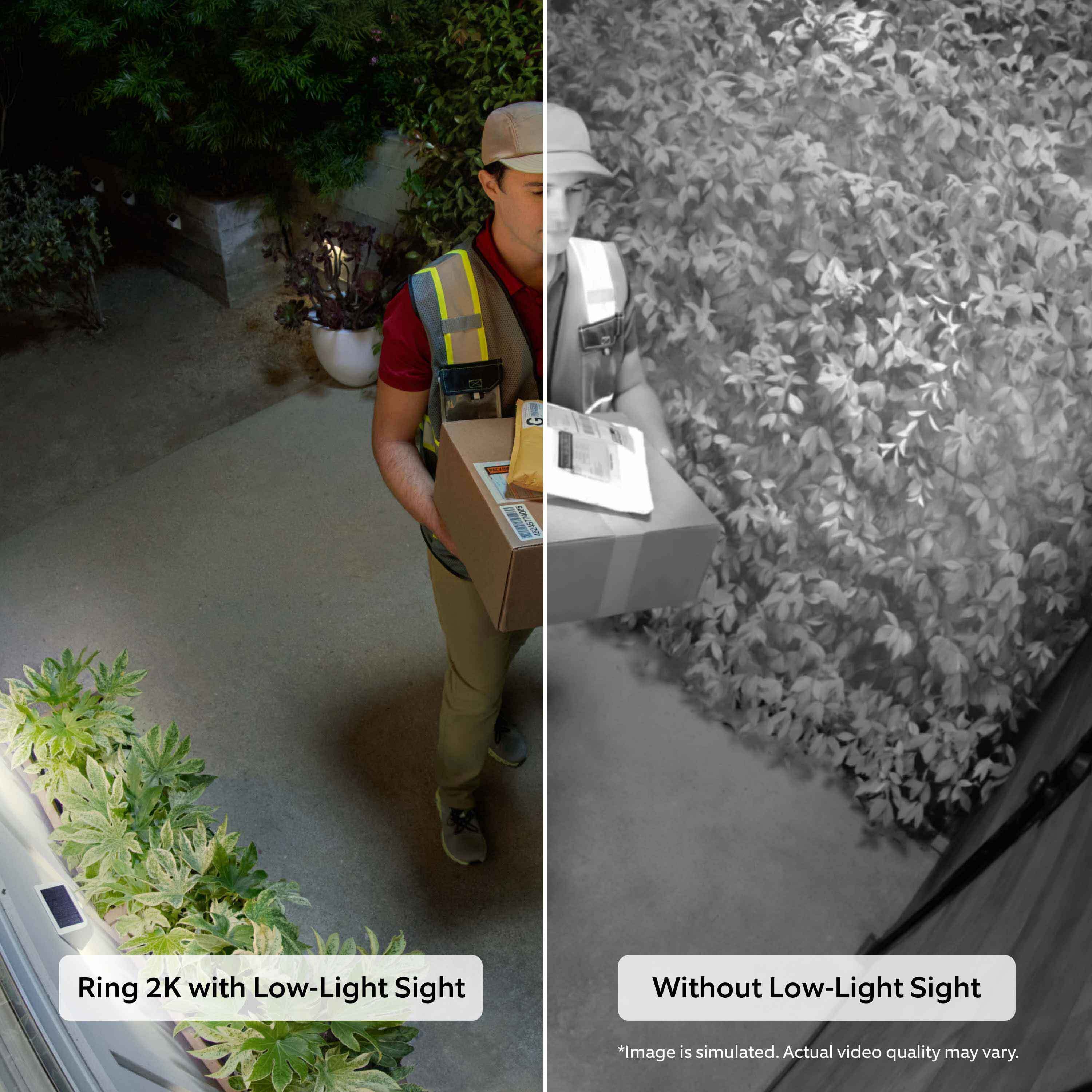 Outdoor Cam Plus (Featuring Retinal 2K)  - Delivery person with packages shown in color with Ring 2K Low-Light Sight and same scene in black-and-white without it.