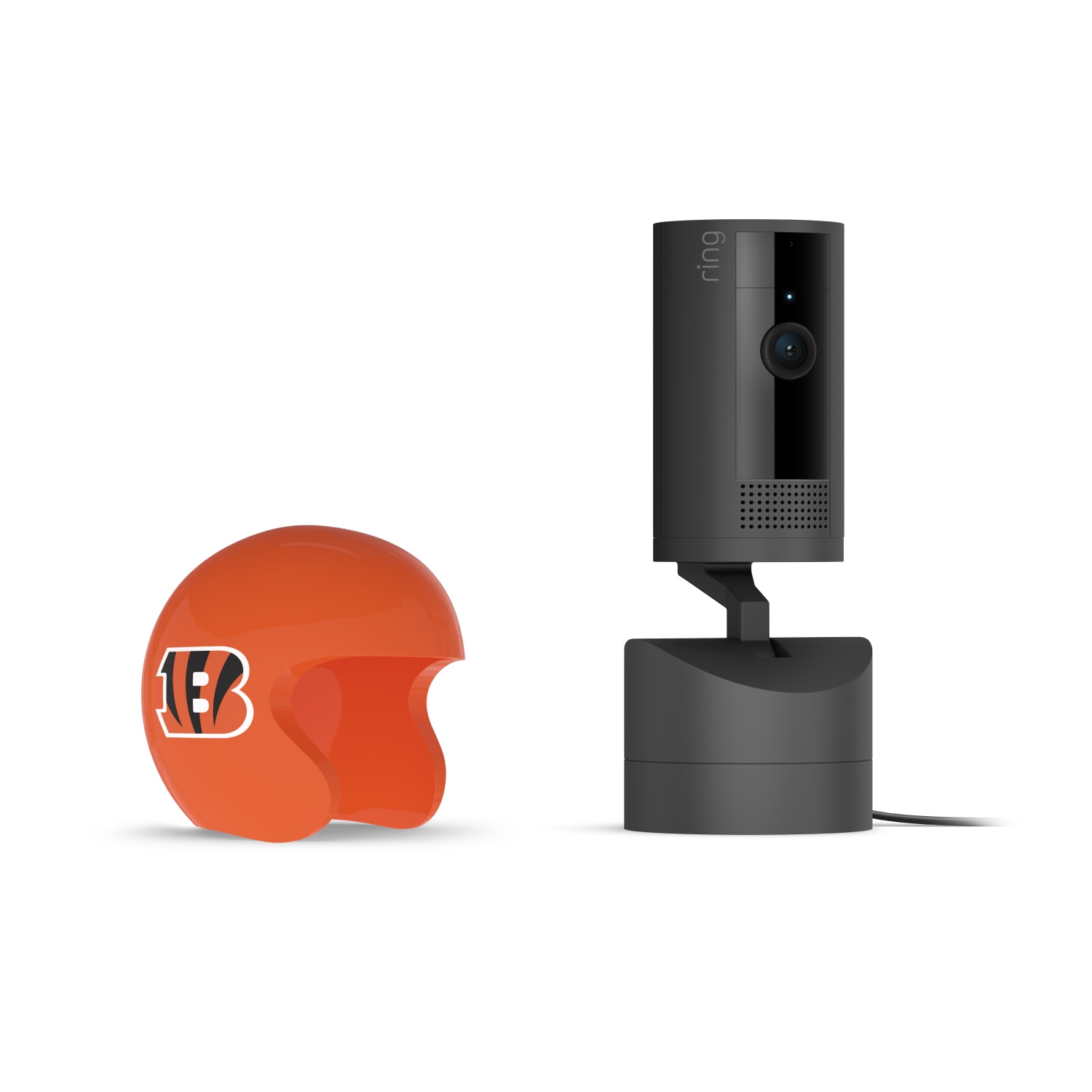 Pan-Tilt Indoor Cam, Black + NFL Game Day Cam Cover — AFC - Black Ring indoor camera on a base next to an orange mini football helmet with a Bengals “B” logo, on a white background.
