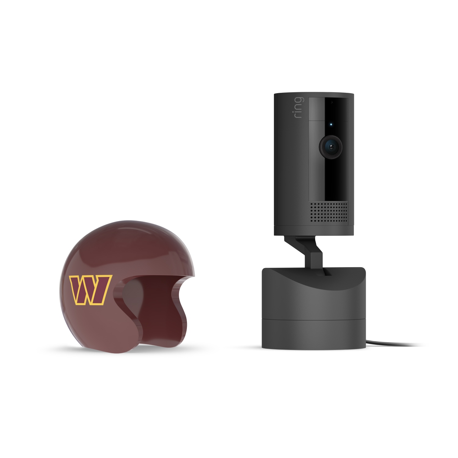 Pan-Tilt Indoor Cam, Black + NFL Game Day Cam Cover — NFC - Black Ring indoor camera on a stand next to a maroon football helmet with a yellow “W” logo on white background.