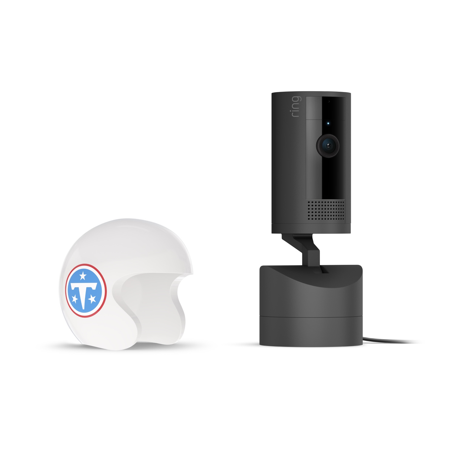 Pan-Tilt Indoor Cam, Black + NFL Game Day Cam Cover — AFC - Black Ring pan-tilt indoor camera on a stand beside a white open-face helmet with a red-ringed blue emblem featuring stars and a T.