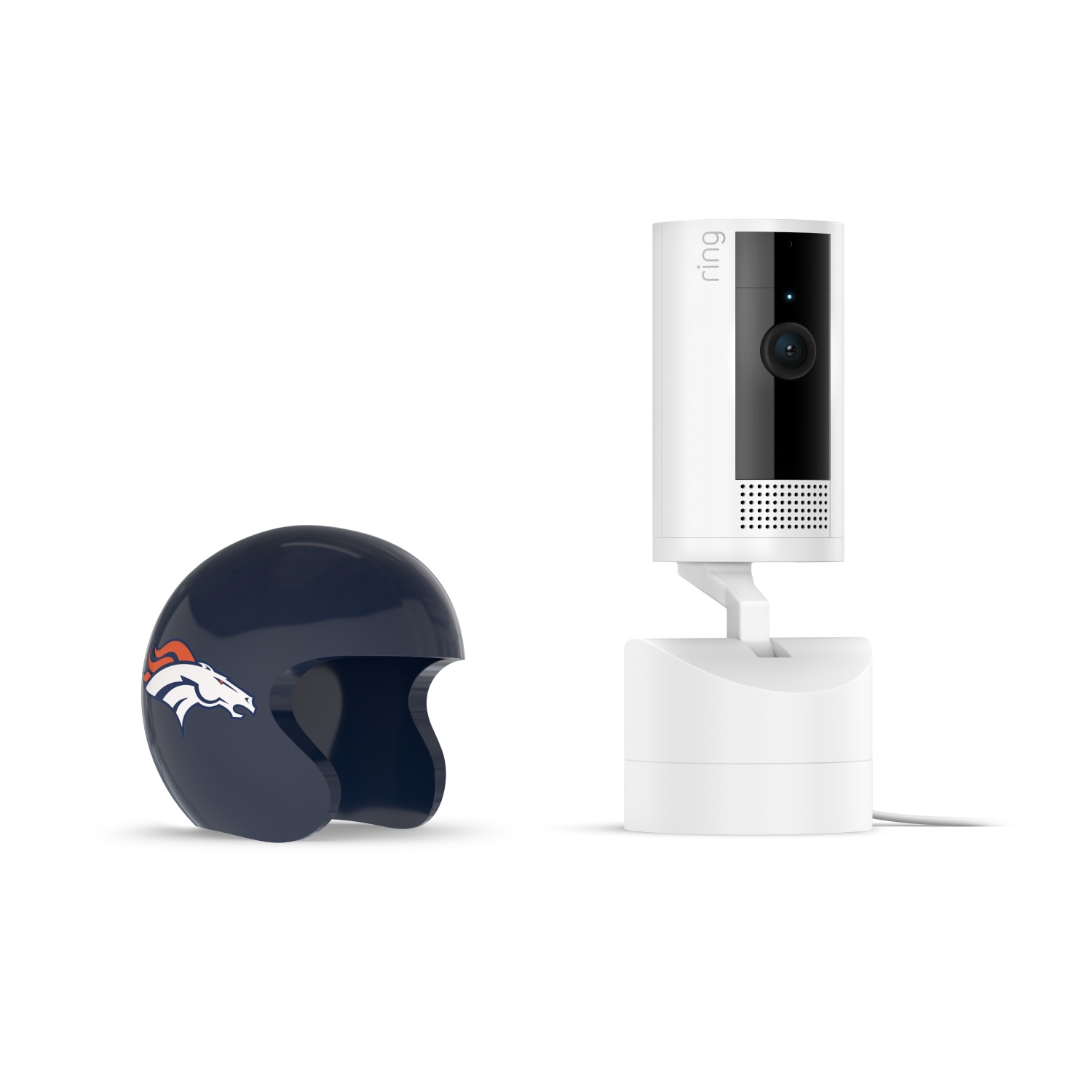 Pan-Tilt Indoor Cam, White + NFL Game Day Cam Cover — AFC - Ring Pan-Tilt Cam on a white base beside a navy mini football helmet with a white horse logo on a plain background.
