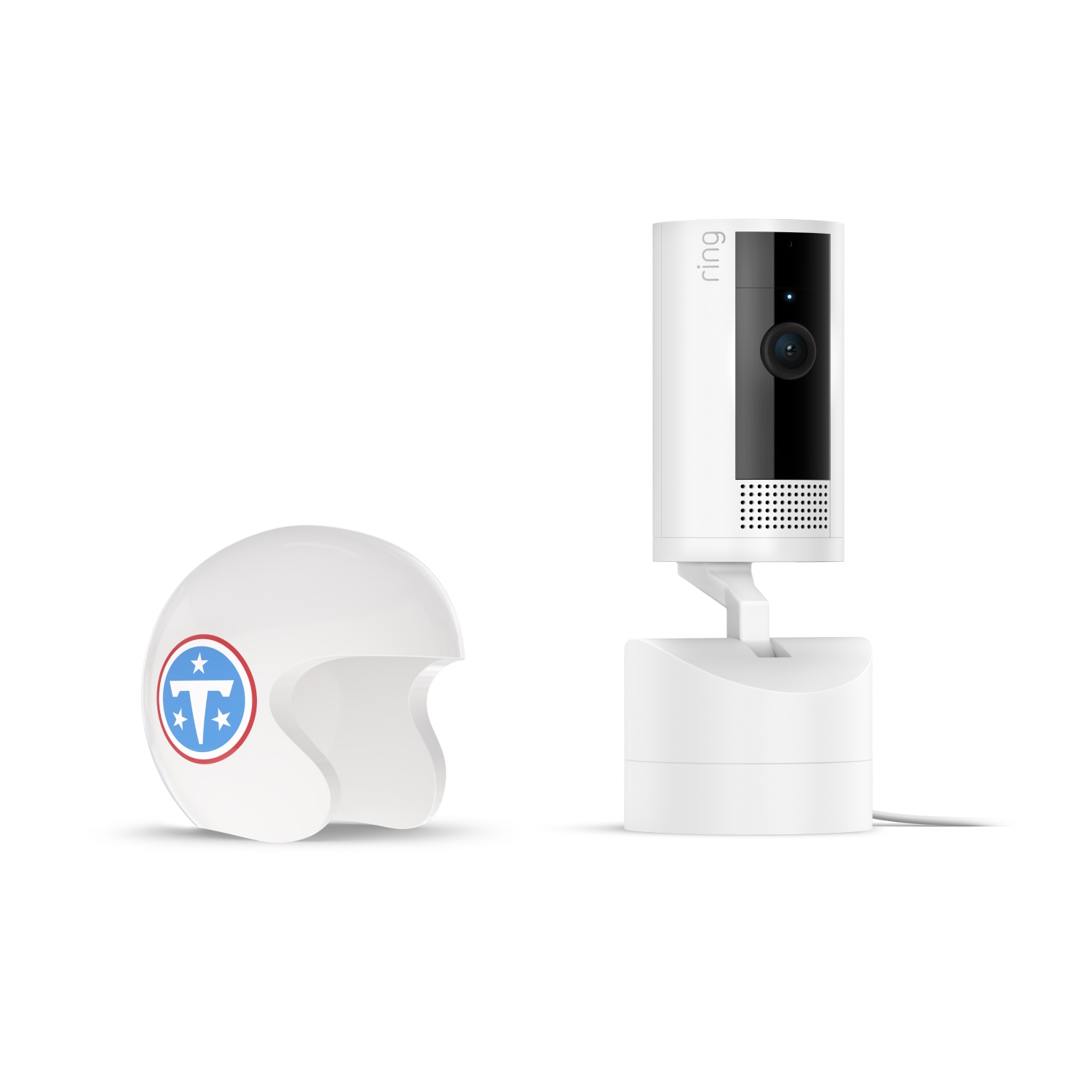 Pan-Tilt Indoor Cam, White + NFL Game Day Cam Cover — AFC - White Ring indoor camera on a stand next to a small white helmet with a blue T logo and stars, both on a clean white background.