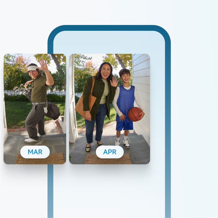 Graphic phone frame with 2 image overlay of people at front door captured by video doorbell. Text reads 'March, April.'