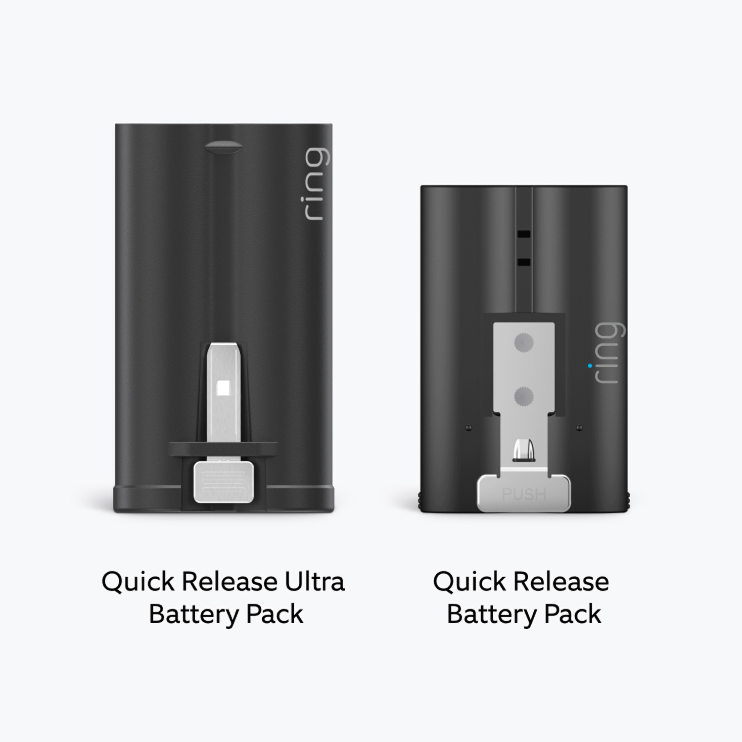 Quick Release Ultra Battery Pack (for Battery Doorbell Plus (Newest Model), Battery Doorbell Pro (Newest Model), Outdoor Cam (Newest Model), and Spotlight Cam (Newest Model)) - A size comparison of Quick Release Ultra Battery Pack and Quick Release Battery Pack on a white back ground.