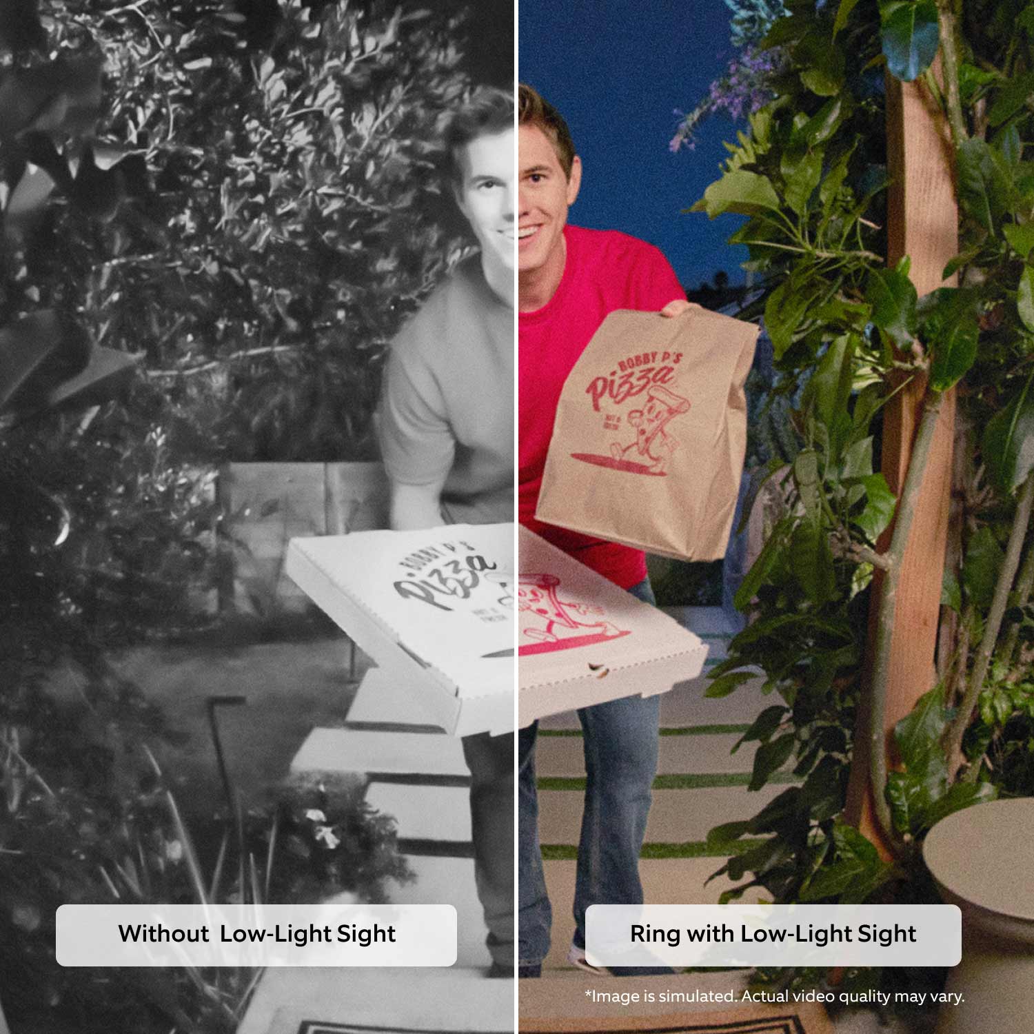 Wired Doorbell Elite (Newest Model) - Simulated image of pizza delivery person in low light. The left side of the image is in black and white, and the right side is in color.