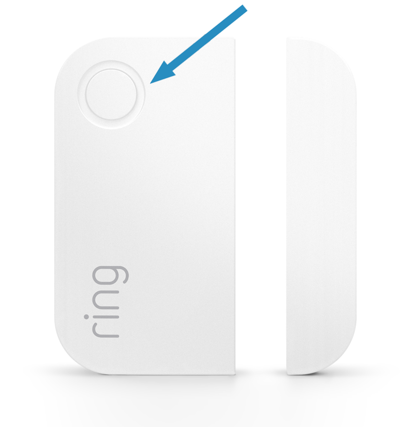 White Ring door sensor with blue arrow pointing to button