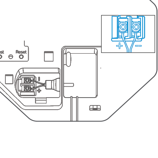 Outdoor Siren wiring diagram showing test/reset buttons, positive/negative terminals, and mounting bracket connections.