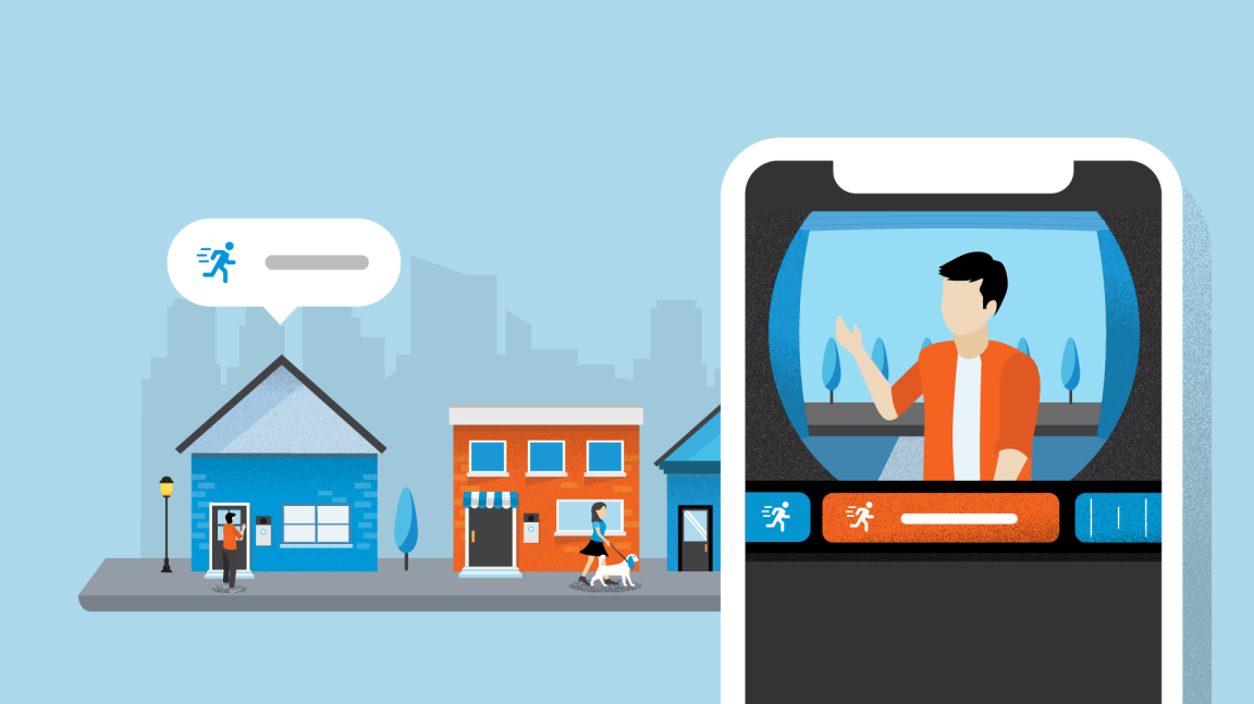 Illustration of a person approaching a doorbell attached to a house and a phone receiving a Person Alerts.