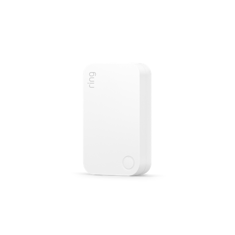 8-Piece Alarm Security Kit + Schlage Connect Smart Deadbolt (for 2nd Generation) - White Ring Alarm Range Extender with rounded corners and a small button.