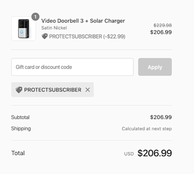 Screenshot of using the Ring Home 10% discount on Ring.com.